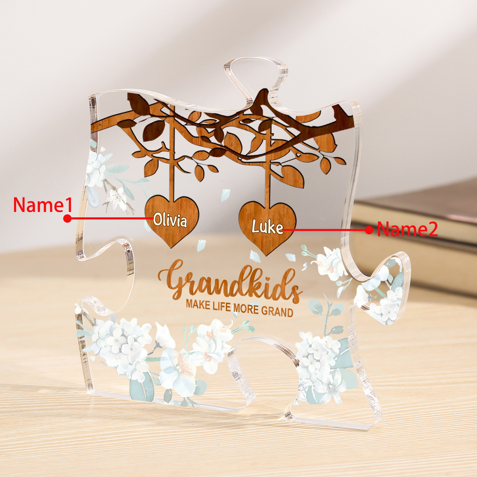 Personalised Acrylic Puzzle Ornament – with Custom 2 Names – "Grandkids Make Life More Grand" – Unique Gift for Grandmother | Jessemade