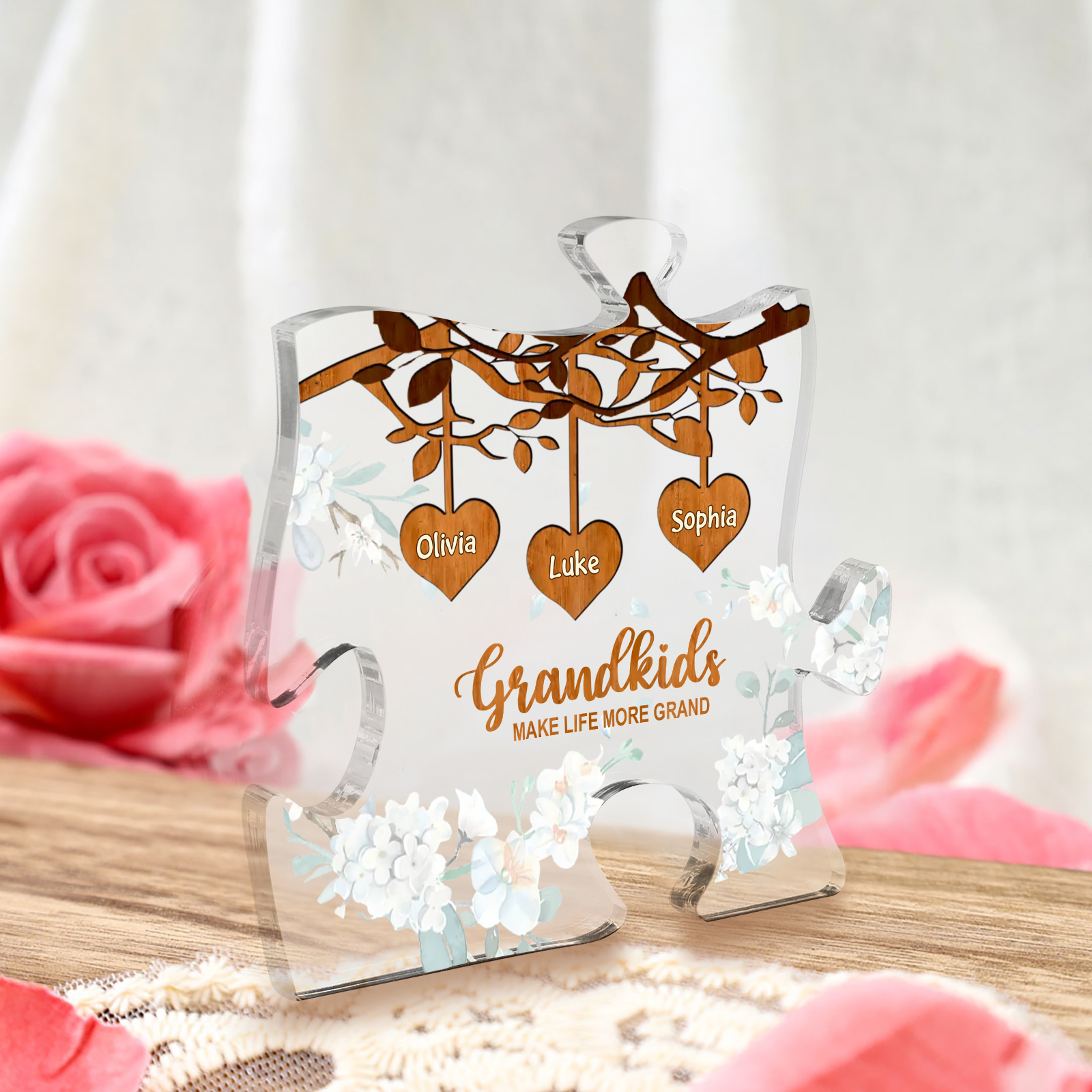 Personalised Acrylic Puzzle Ornament – with Custom 3 Names – "Grandkids Make Life More Grand" – Unique Gift for Grandmother | Jessemade