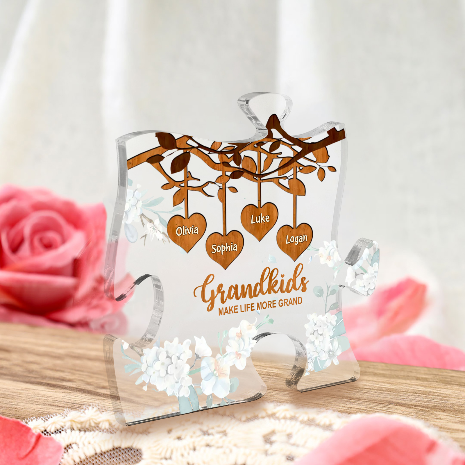 Personalised Acrylic Puzzle Ornament – with Custom 4 Names – "Grandkids Make Life More Grand" – Unique Gift for Grandmother | Jessemade