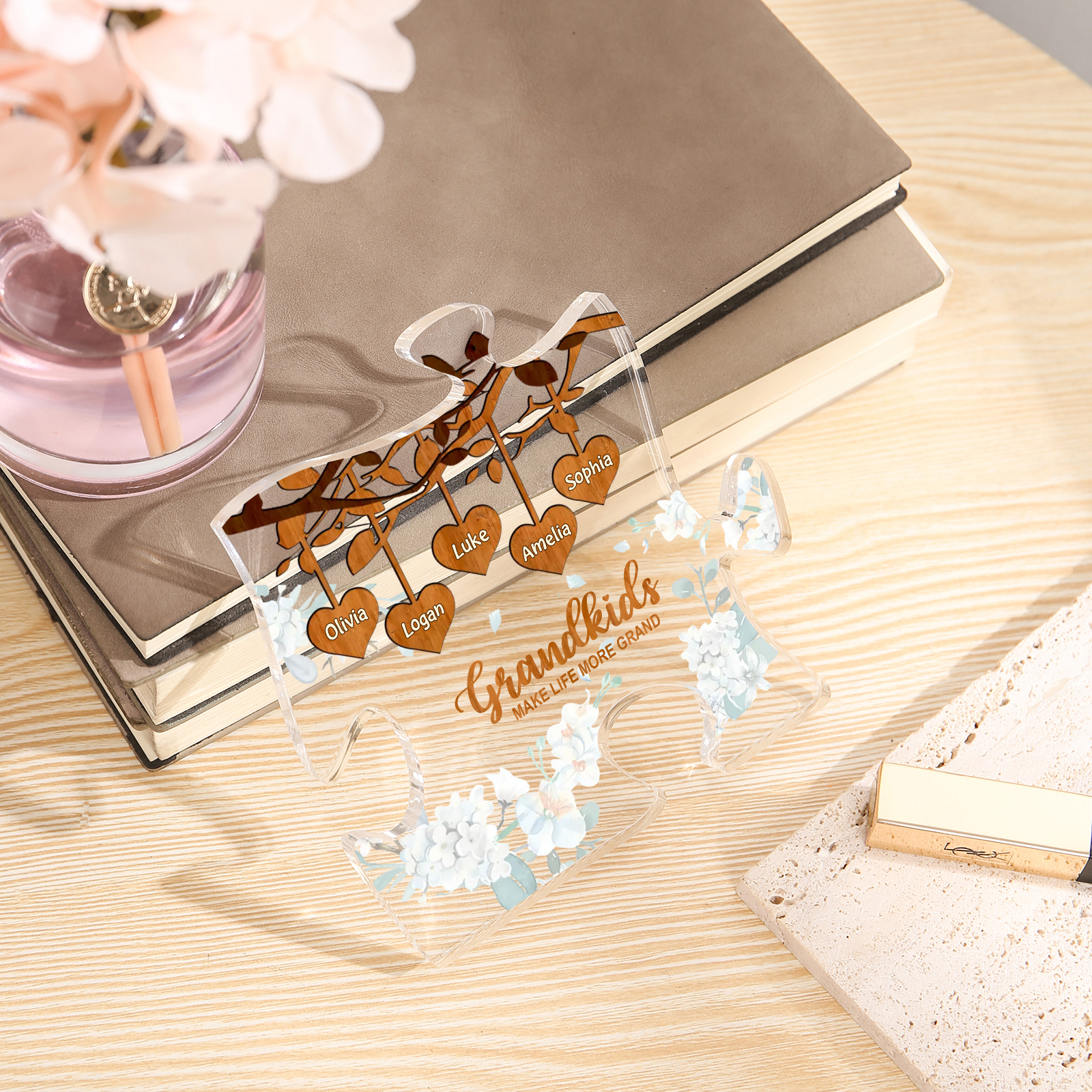 Personalised Acrylic Puzzle Ornament – with Custom 5 Names – "Grandkids Make Life More Grand" – Unique Gift for Grandmother | Jessemade