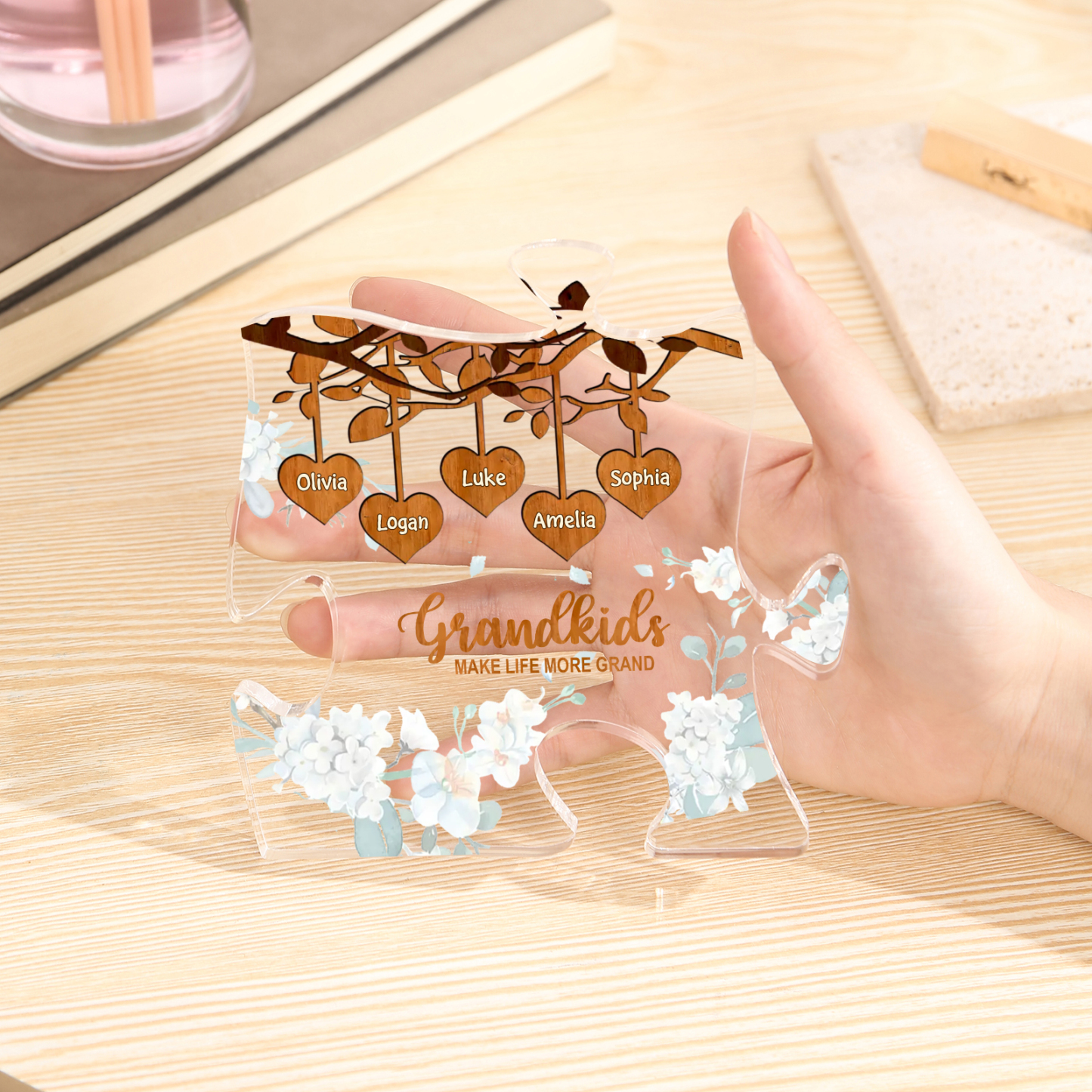 Personalised Acrylic Puzzle Ornament – with Custom 5 Names – "Grandkids Make Life More Grand" – Unique Gift for Grandmother | Jessemade