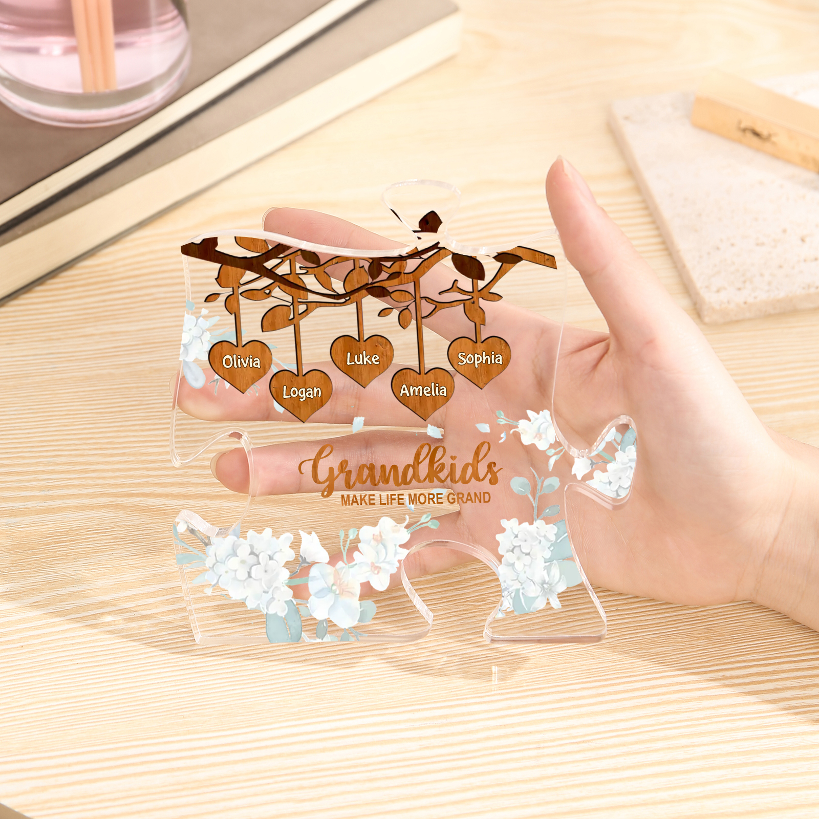 Personalised Acrylic Puzzle Ornament – with Custom 5 Names – "Grandkids Make Life More Grand" – Unique Gift for Grandmother | Jessemade