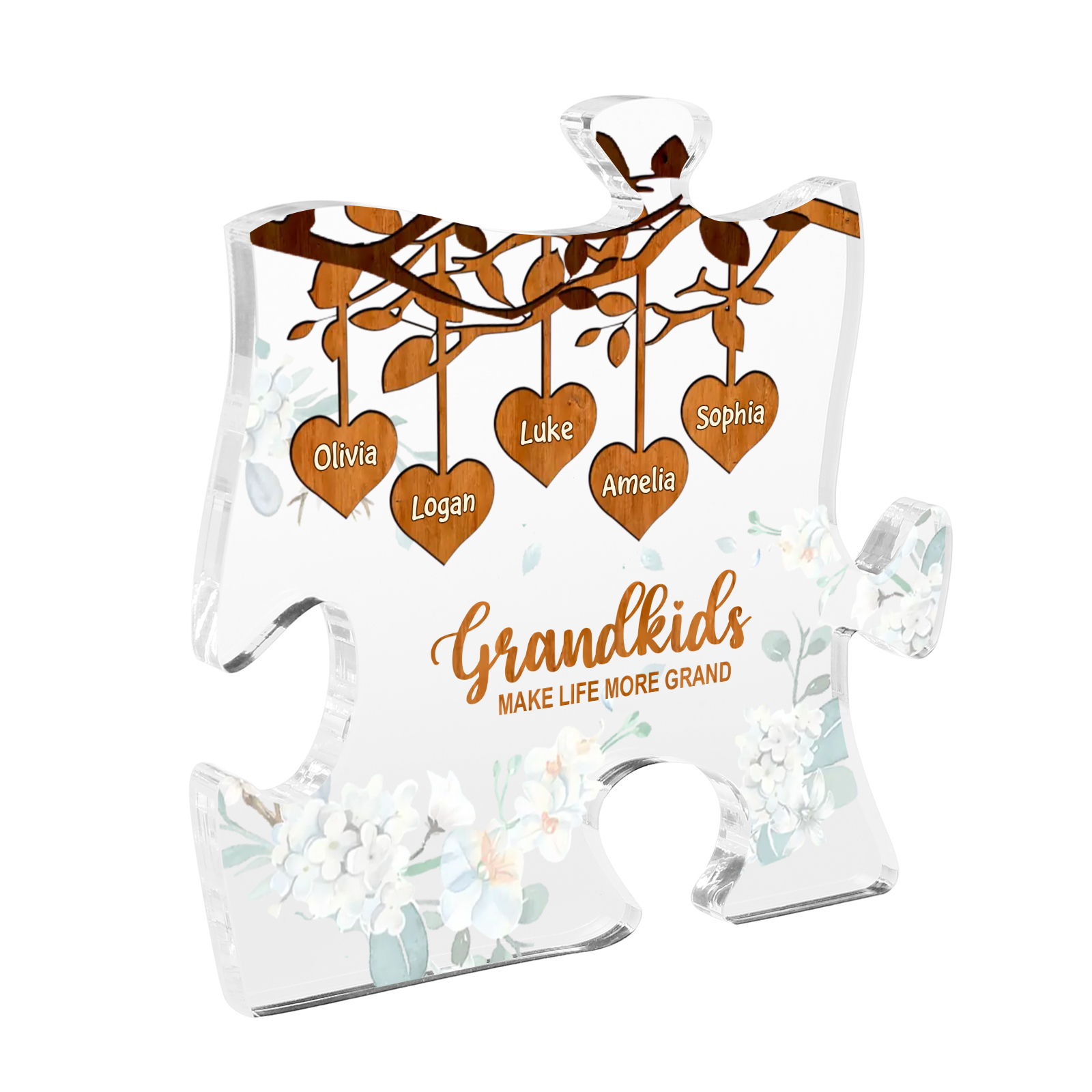 Personalised Acrylic Puzzle Ornament – with Custom 5 Names – "Grandkids Make Life More Grand" – Unique Gift for Grandmother | Jessemade