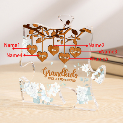 Personalised Acrylic Puzzle Ornament – with Custom 5 Names – "Grandkids Make Life More Grand" – Unique Gift for Grandmother | Jessemade