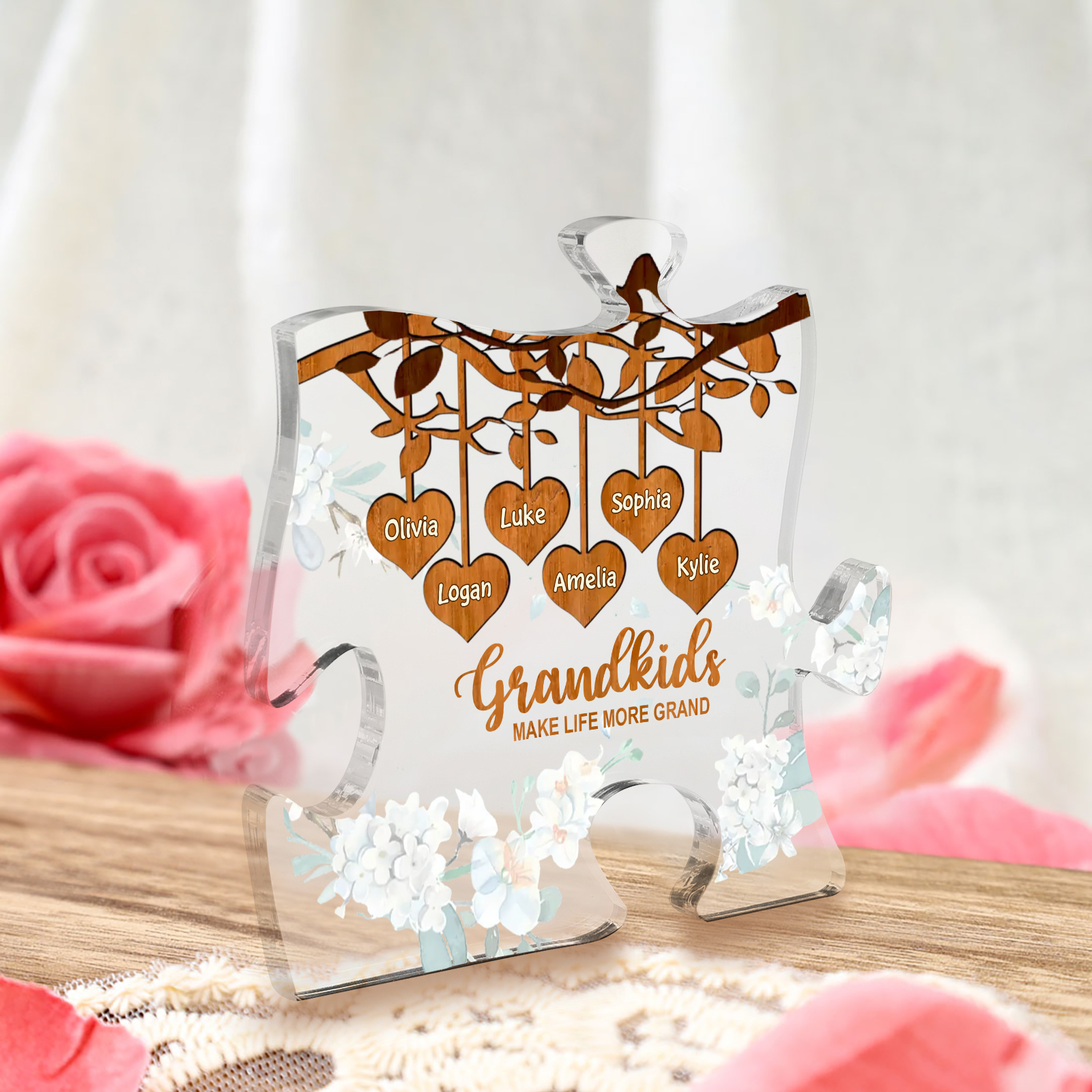 Personalised Acrylic Puzzle Ornament – with Custom 6 Names – "Grandkids Make Life More Grand" – Unique Gift for Grandmother | Jessemade