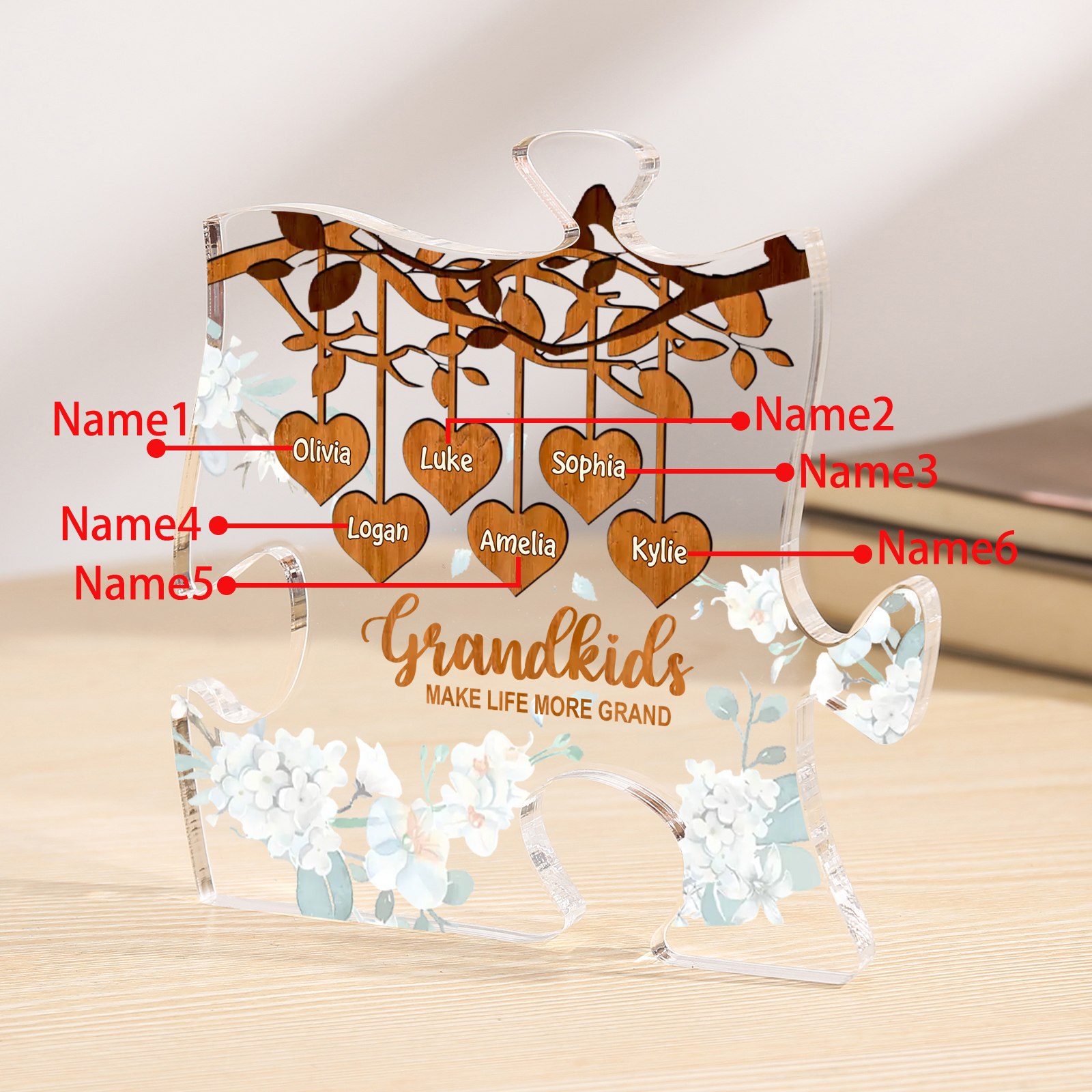 Personalised Acrylic Puzzle Ornament – with Custom 6 Names – "Grandkids Make Life More Grand" – Unique Gift for Grandmother | Jessemade