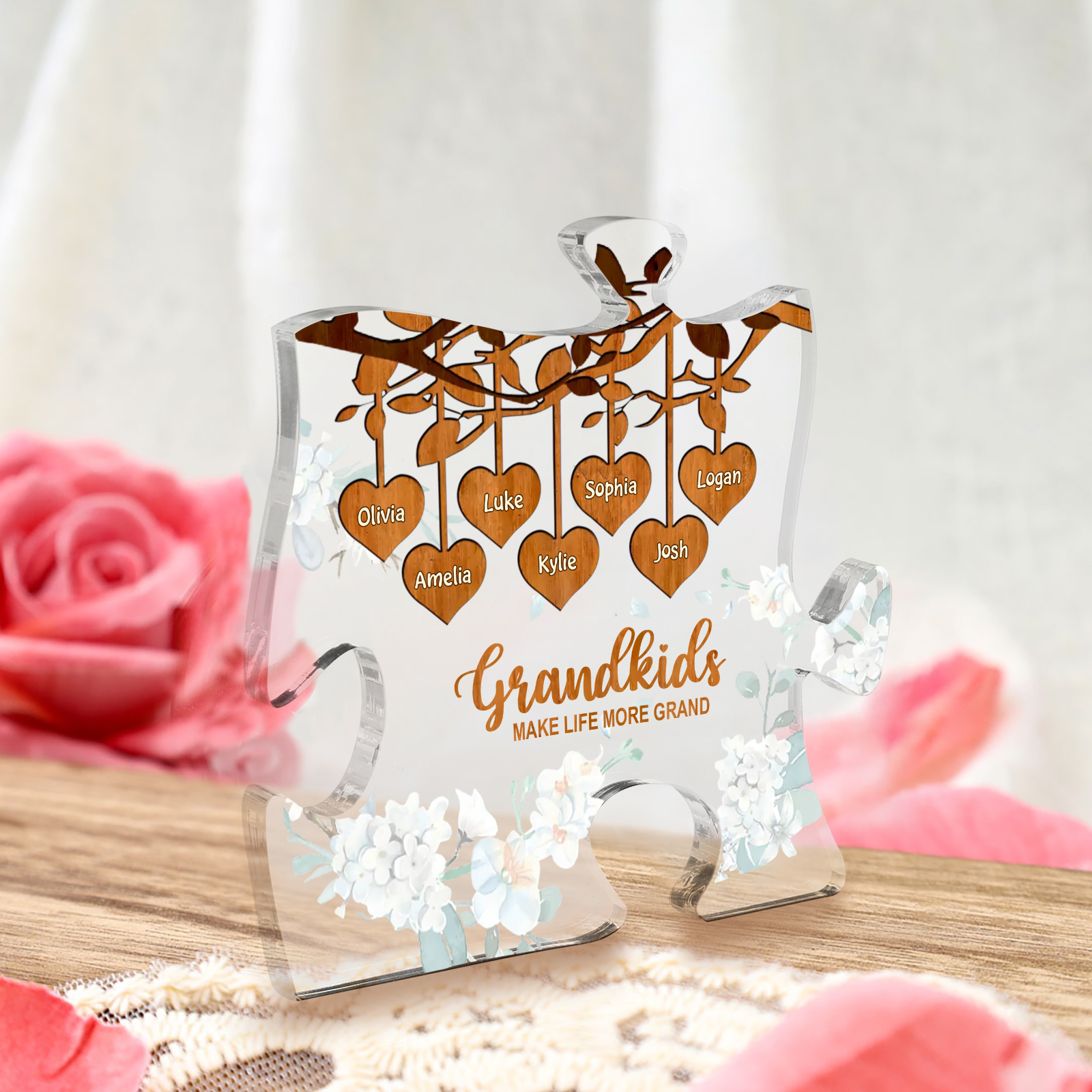 Personalised Acrylic Puzzle Ornament – with Custom 7 Names – "Grandkids Make Life More Grand" – Unique Gift for Grandmother | Jessemade
