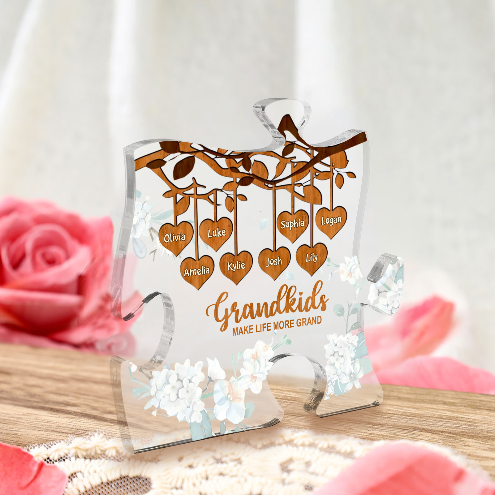 Personalised Acrylic Puzzle Ornament – with Custom 8 Names – "Grandkids Make Life More Grand" – Unique Gift for Grandmother | Jessemade