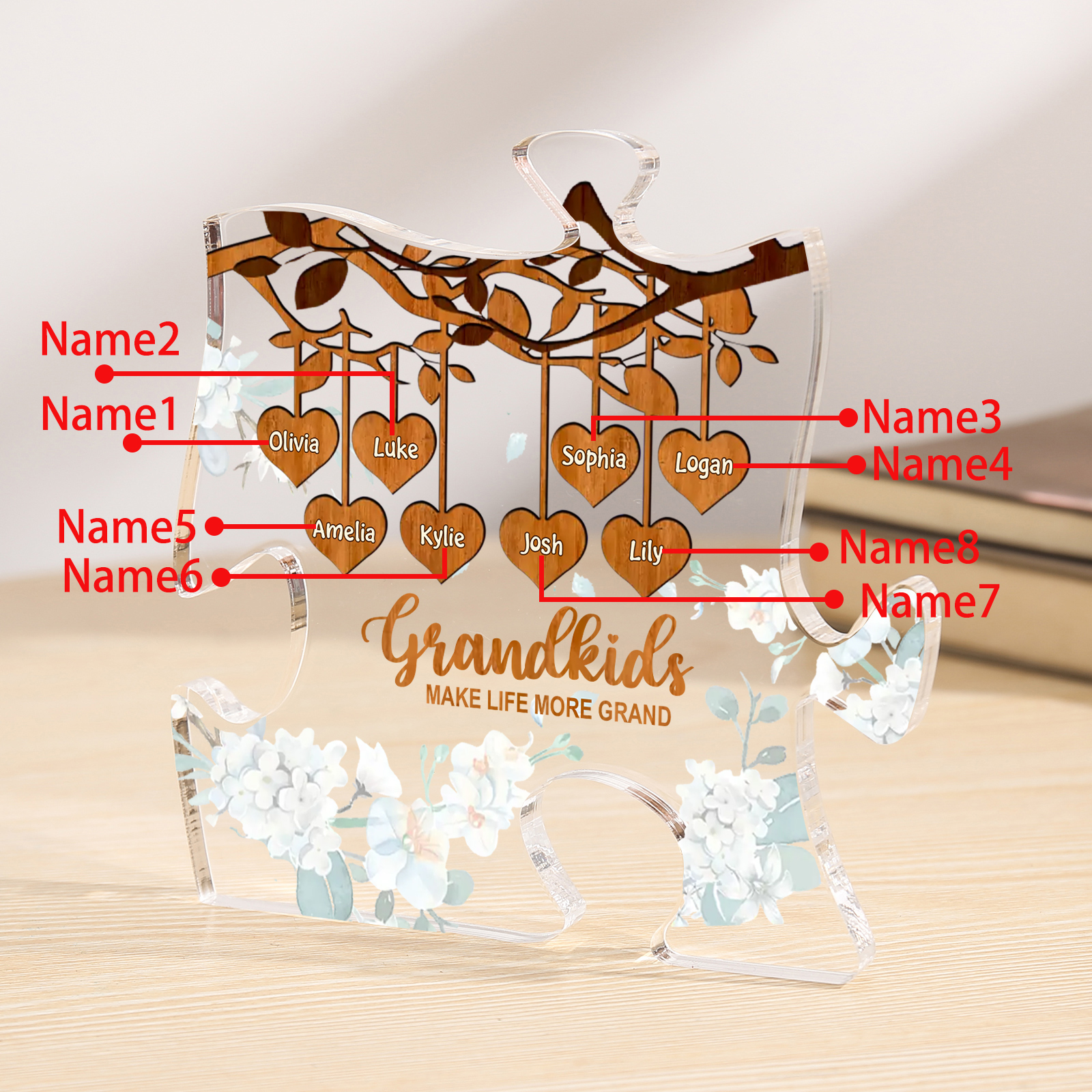 Personalised Acrylic Puzzle Ornament – with Custom 8 Names – "Grandkids Make Life More Grand" – Unique Gift for Grandmother | Jessemade