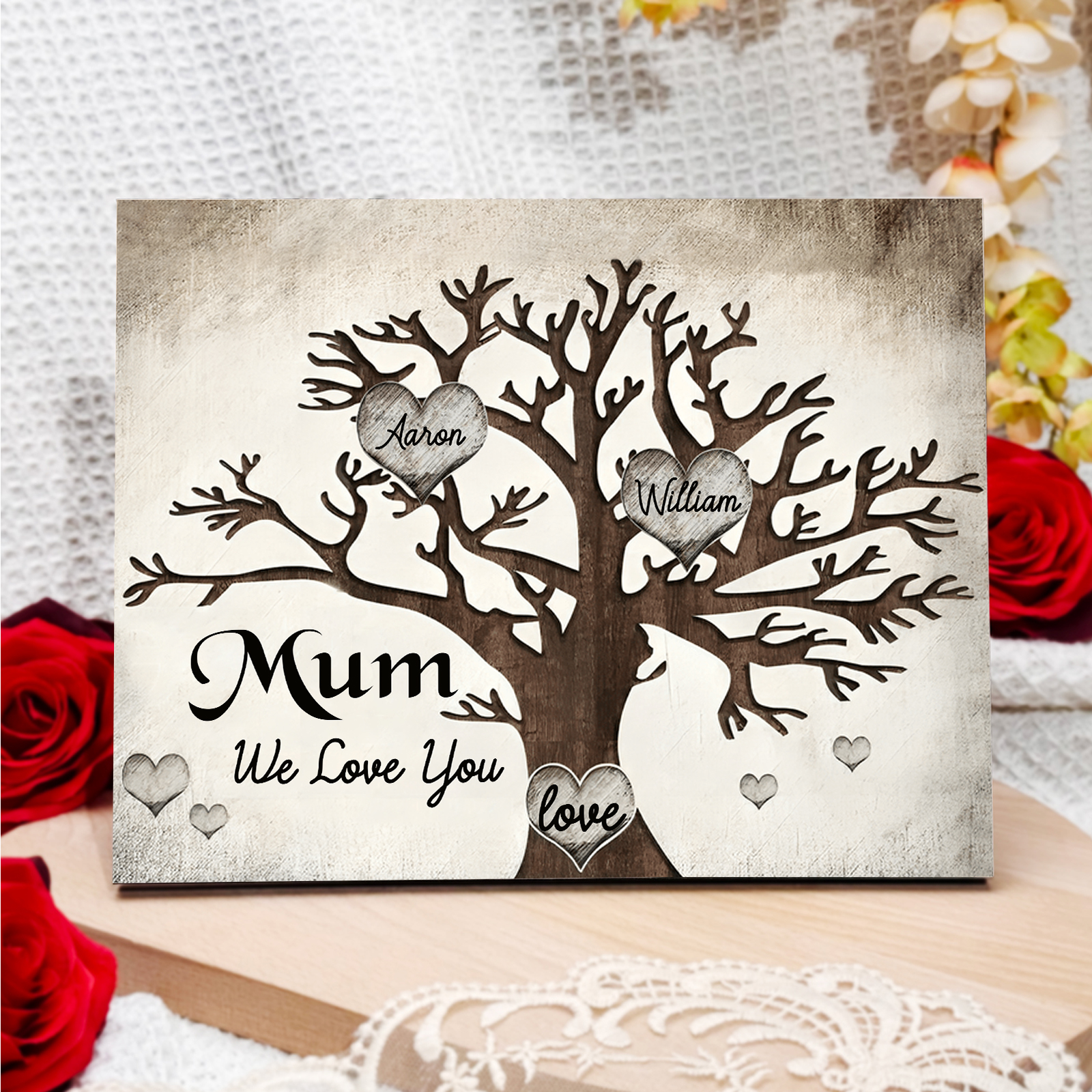 Personalised Wooden Ornament – Custom 2-8 Names & Texts – Family Tree "Mum, We Love You" Design – Unique Mother's Day Gifts for Her | Jessemade