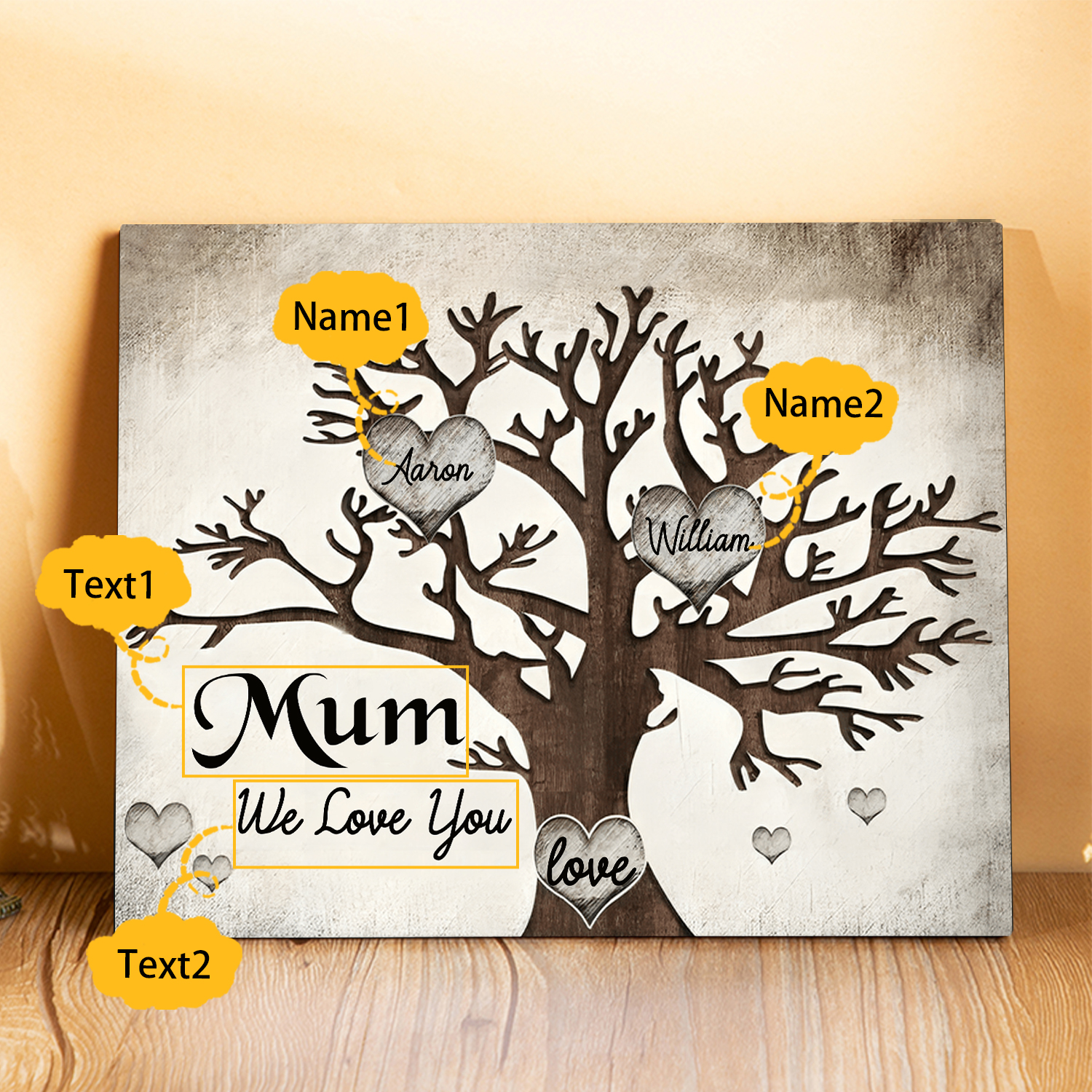 Personalised Wooden Ornament – Custom 2-8 Names & Texts – Family Tree "Mum, We Love You" Design – Unique Mother's Day Gifts for Her | Jessemade