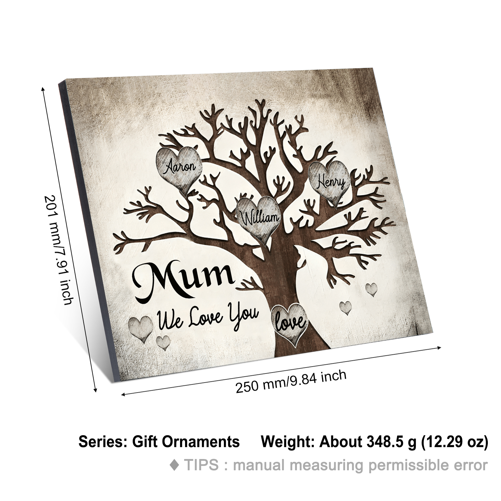 Personalised Wooden Ornament – Custom 3 Names & 2 Texts – Family Tree "Mum, We Love You" Design – Unique Mother's Day Gifts for Her | Jessemade