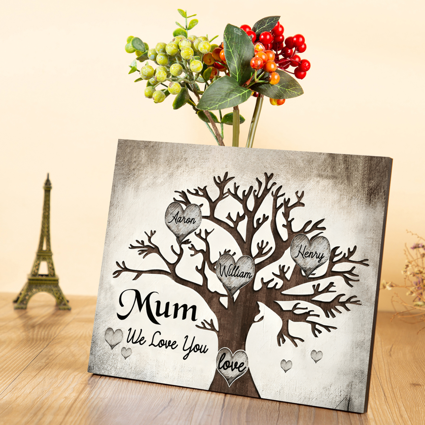 Personalised Wooden Ornament – Custom 3 Names & 2 Texts – Family Tree "Mum, We Love You" Design – Unique Mother's Day Gifts for Her | Jessemade
