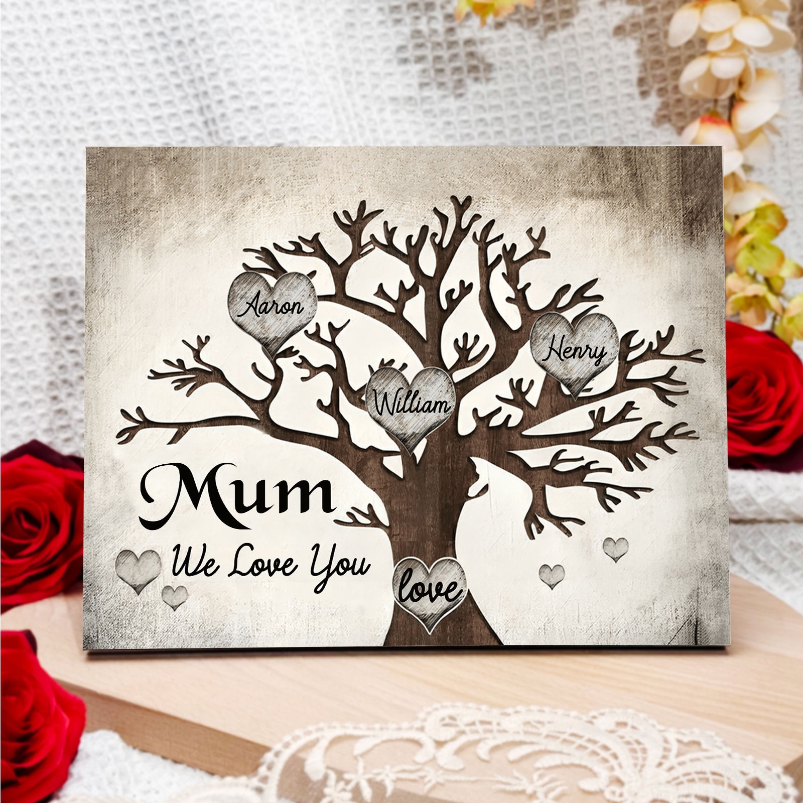 Personalised Wooden Ornament – Custom 3 Names & 2 Texts – Family Tree "Mum, We Love You" Design – Unique Mother's Day Gifts for Her | Jessemade