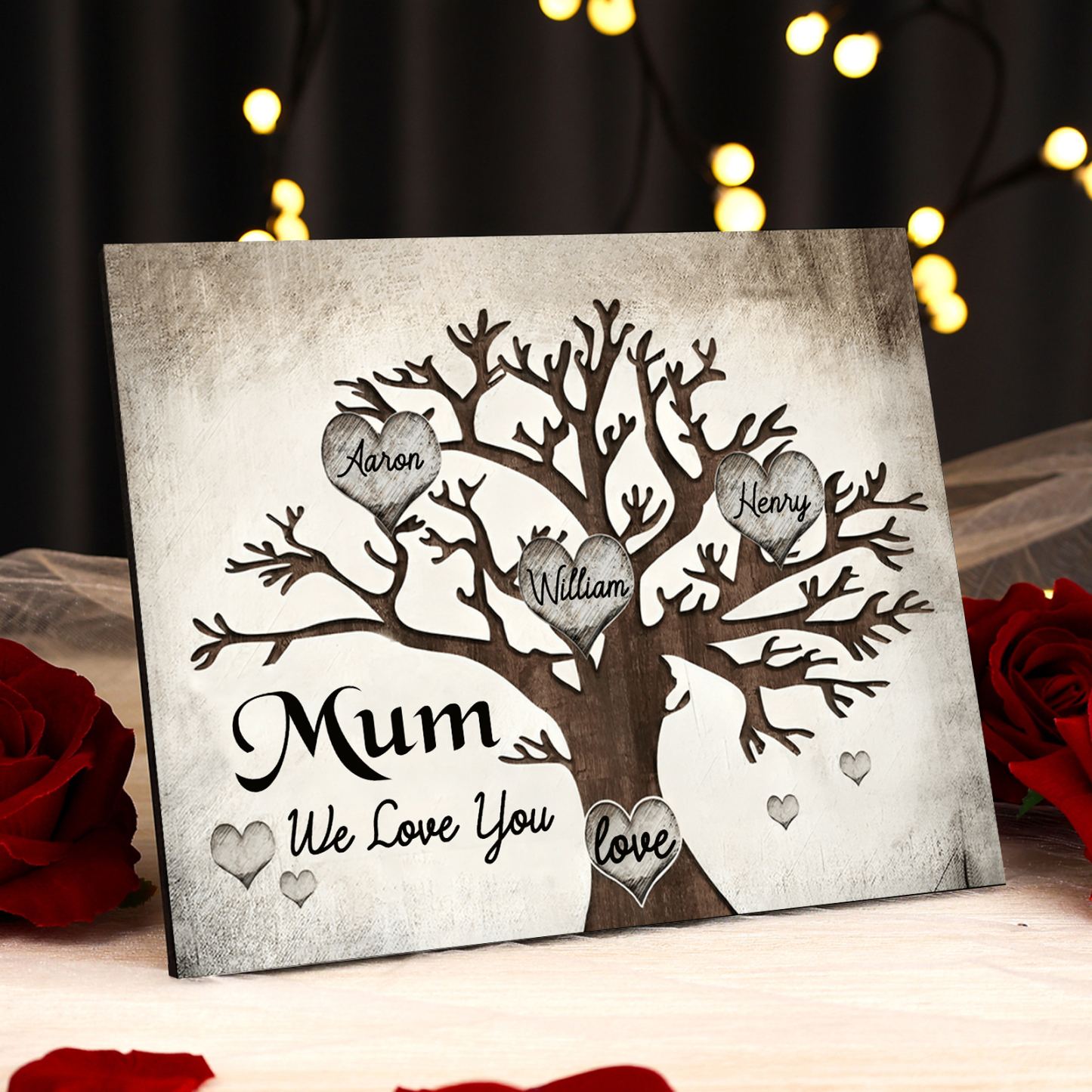 Personalised Wooden Ornament – Custom 3 Names & 2 Texts – Family Tree "Mum, We Love You" Design – Unique Mother's Day Gifts for Her | Jessemade