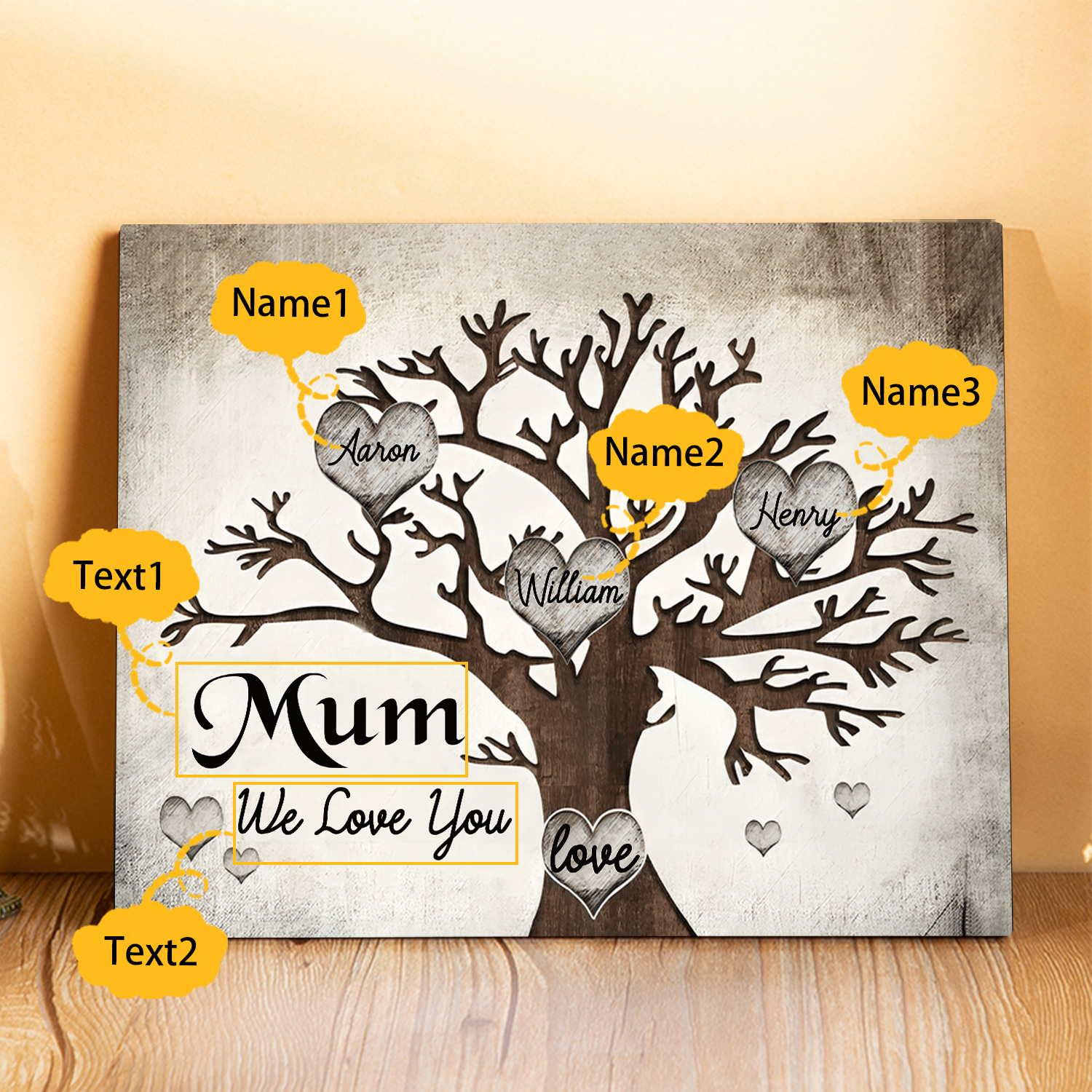 Personalised Wooden Ornament – Custom 3 Names & 2 Texts – Family Tree "Mum, We Love You" Design – Unique Mother's Day Gifts for Her | Jessemade