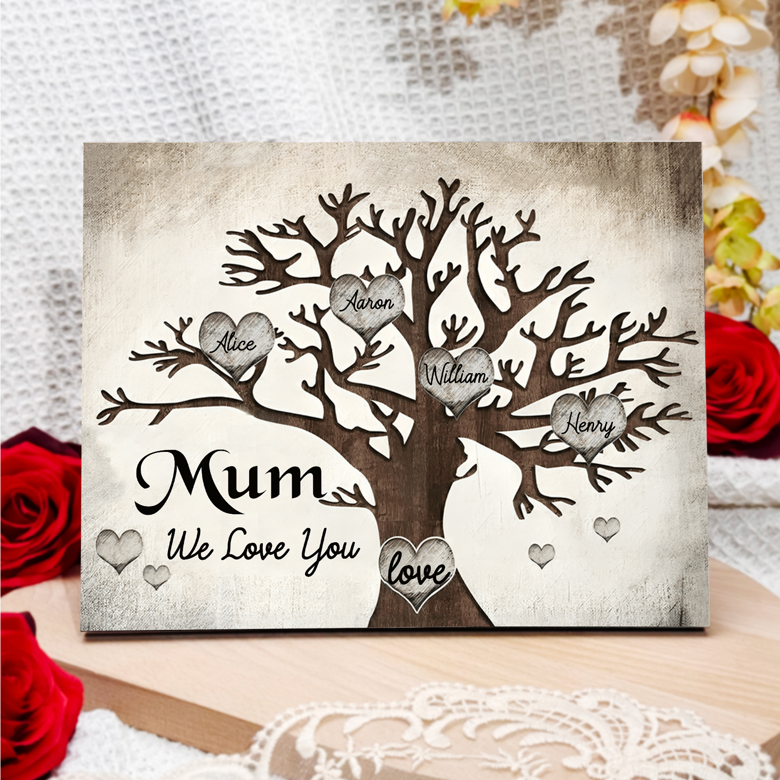 Personalised Wooden Ornament – Custom 4 Names & 2 Texts – Family Tree "Mum, We Love You" Design – Unique Mother's Day Gifts for Her | Jessemade