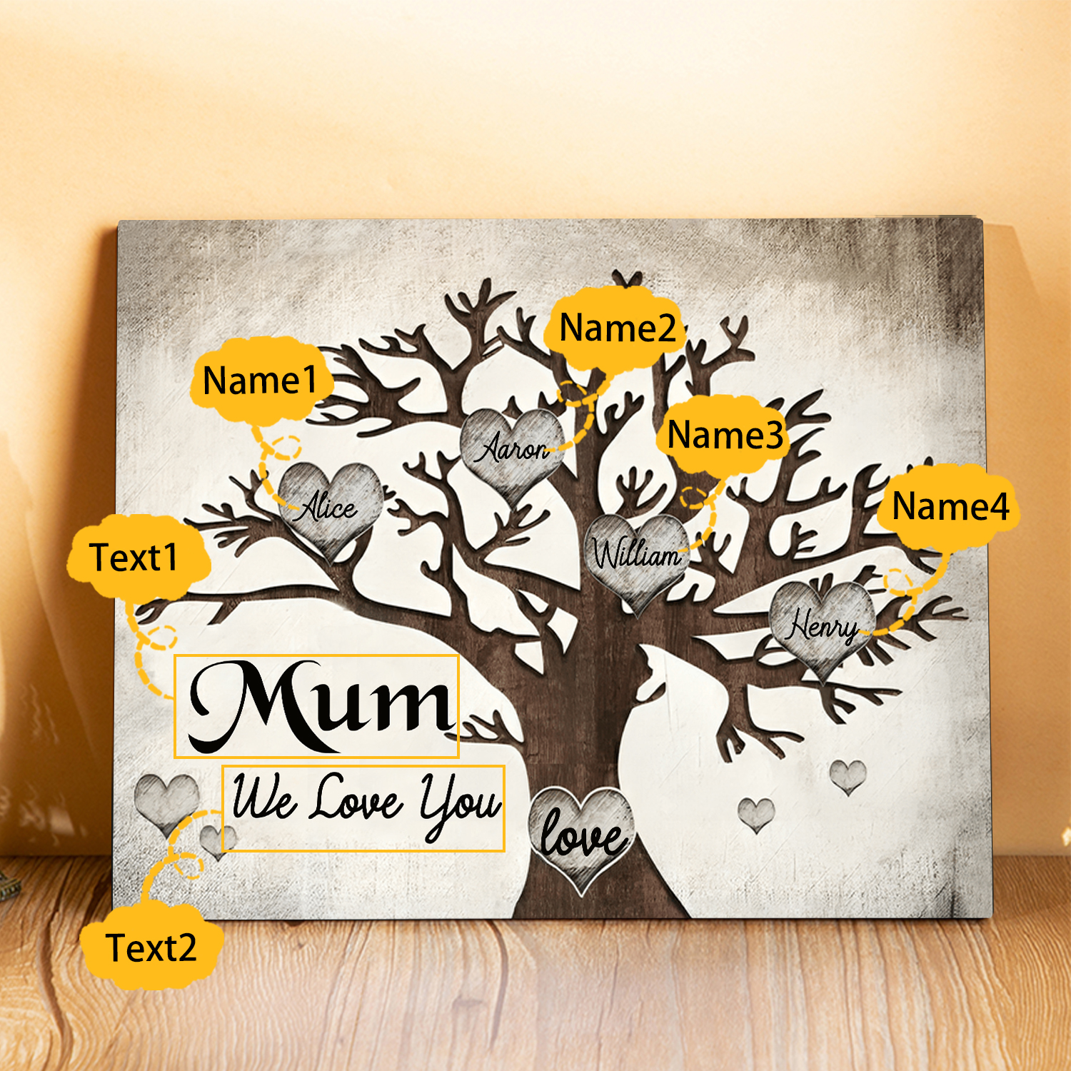 Personalised Wooden Ornament – Custom 4 Names & 2 Texts – Family Tree "Mum, We Love You" Design – Unique Mother's Day Gifts for Her | Jessemade