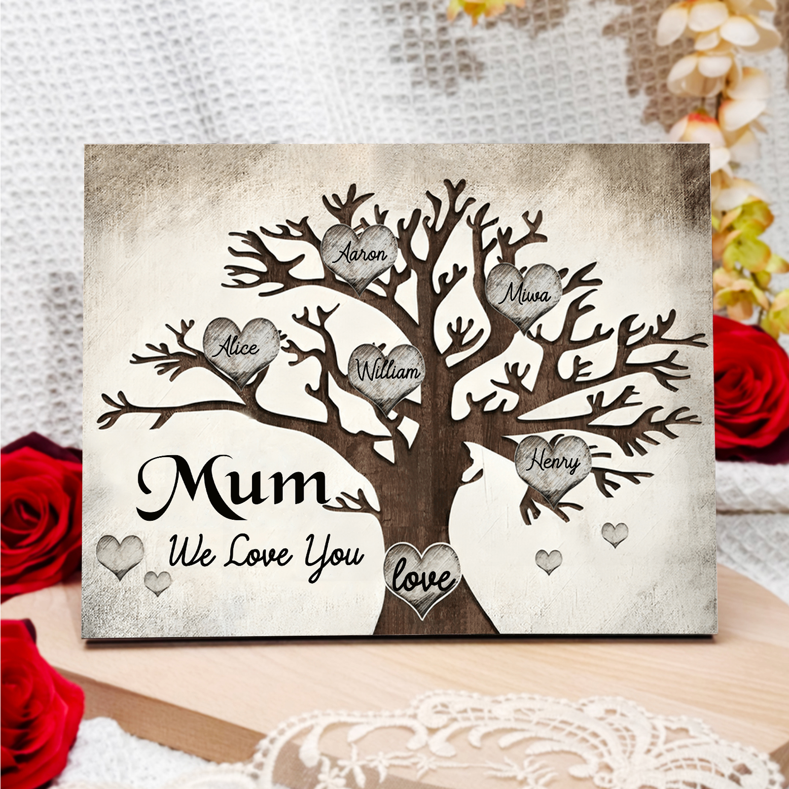 Personalised Wooden Ornament – Custom 5 Names & 2 Texts – Family Tree "Mum, We Love You" Design – Unique Mother's Day Gifts for Her | Jessemade