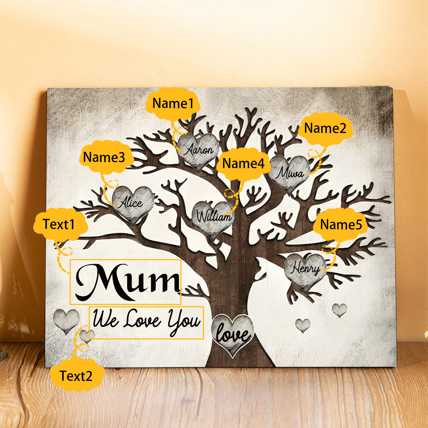 Personalised Wooden Ornament – Custom 5 Names & 2 Texts – Family Tree "Mum, We Love You" Design – Unique Mother's Day Gifts for Her | Jessemade