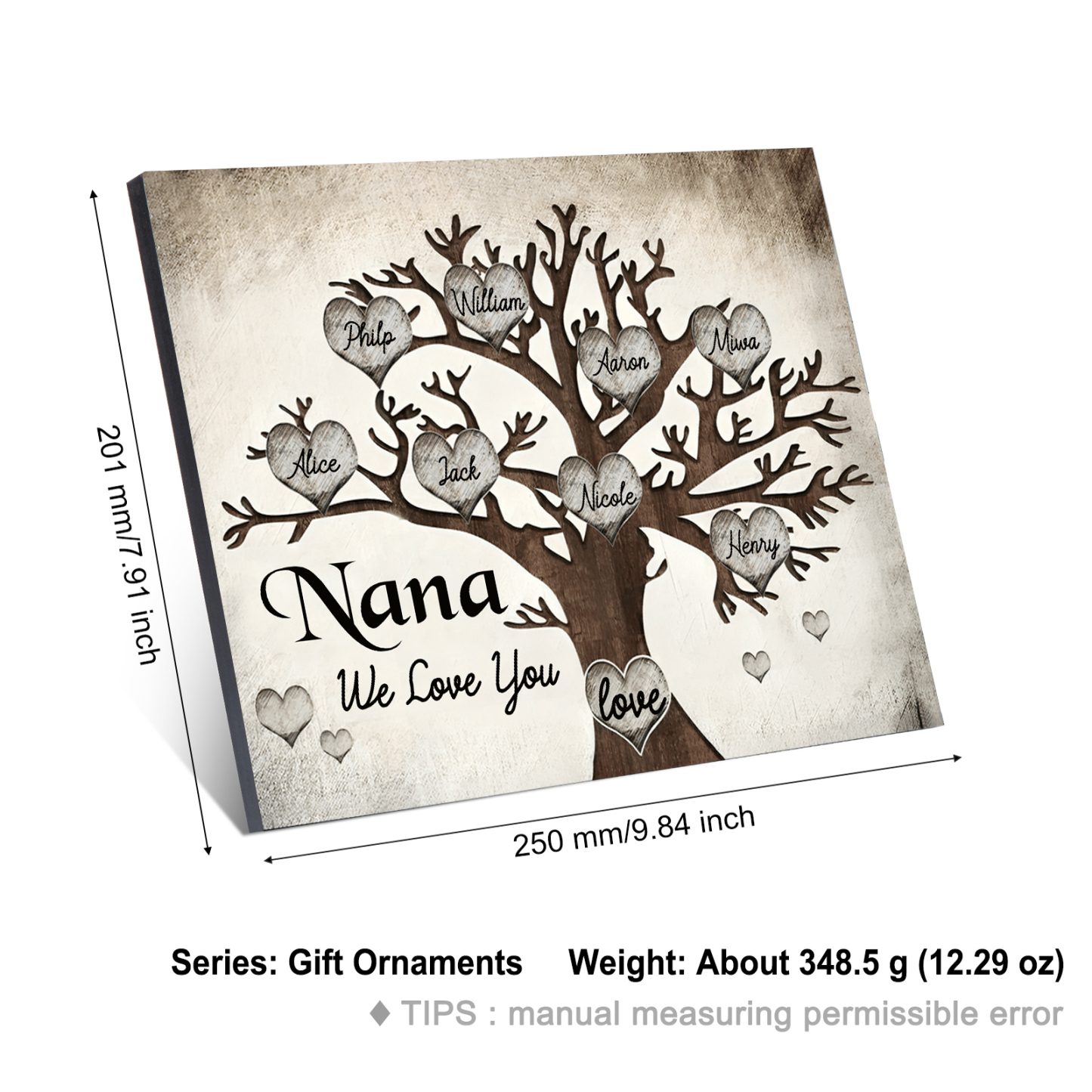 Personalised Wooden Ornament – Custom 8 Names & 2 Texts – Family Tree "Nana, We Love You" Design – Unique Mother's Day Gifts for Her | Jessemade