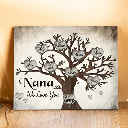 Personalised Wooden Ornament – Custom 8 Names & 2 Texts – Family Tree "Nana, We Love You" Design – Unique Mother's Day Gifts for Her | Jessemade