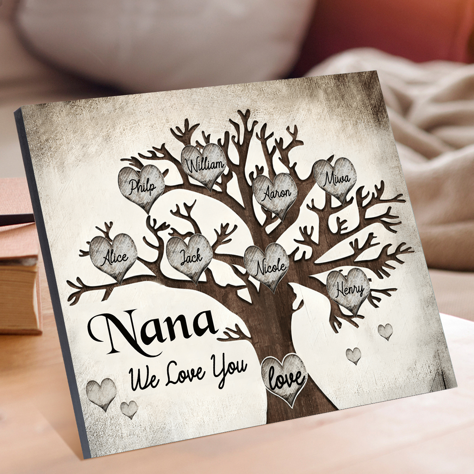 Personalised Wooden Ornament – Custom 8 Names & 2 Texts – Family Tree "Nana, We Love You" Design – Unique Mother's Day Gifts for Her | Jessemade