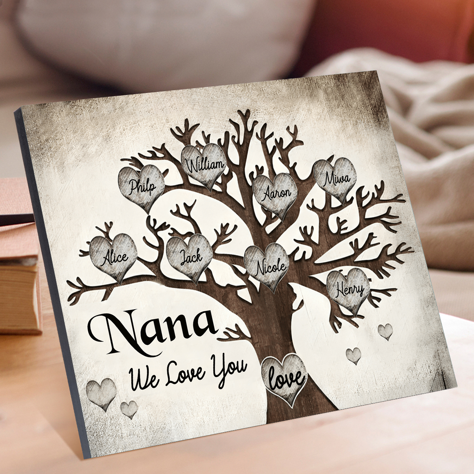 Personalised Wooden Ornament – Custom 8 Names & 2 Texts – Family Tree "Nana, We Love You" Design – Unique Mother's Day Gifts for Her | Jessemade
