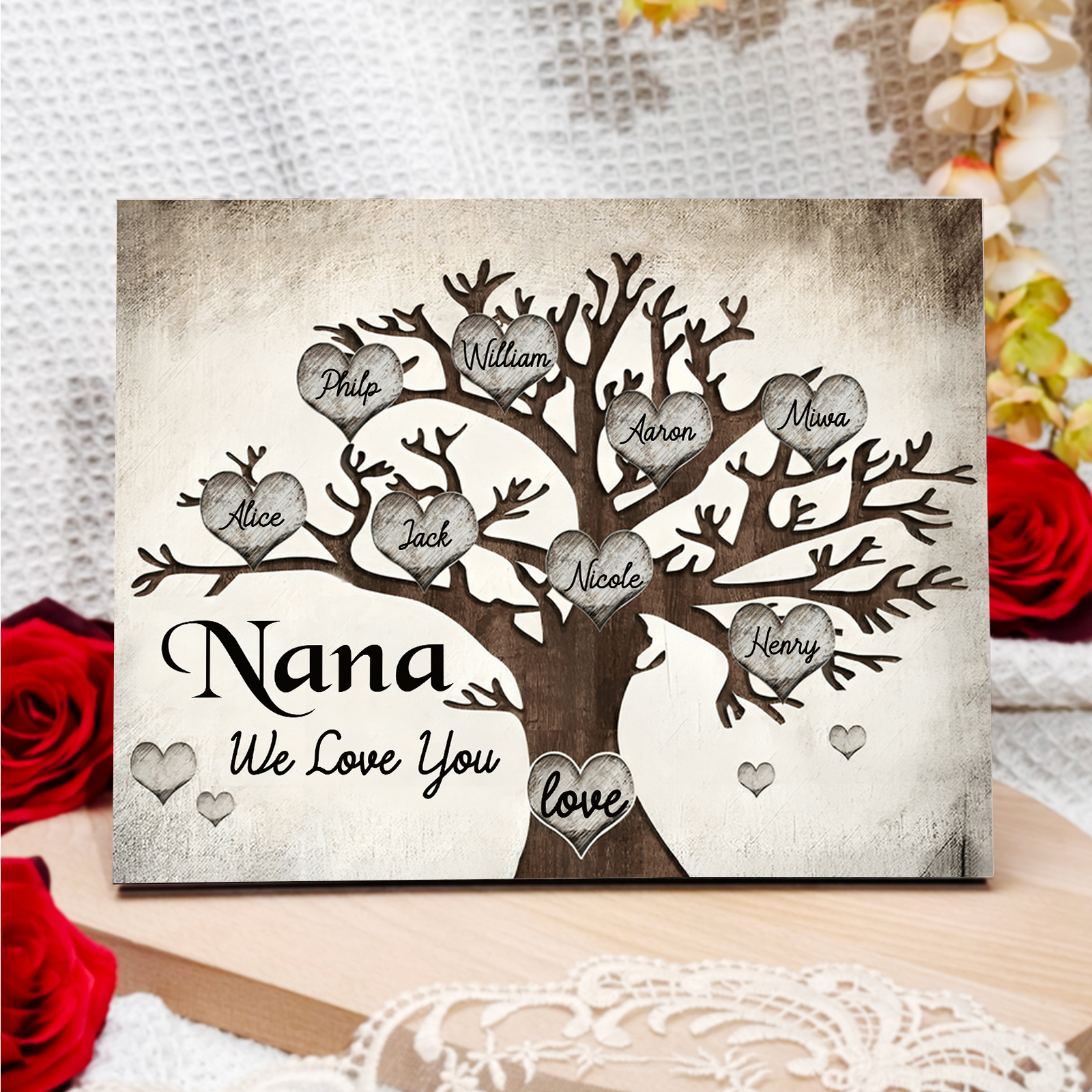 Personalised Wooden Ornament – Custom 8 Names & 2 Texts – Family Tree "Nana, We Love You" Design – Unique Mother's Day Gifts for Her | Jessemade