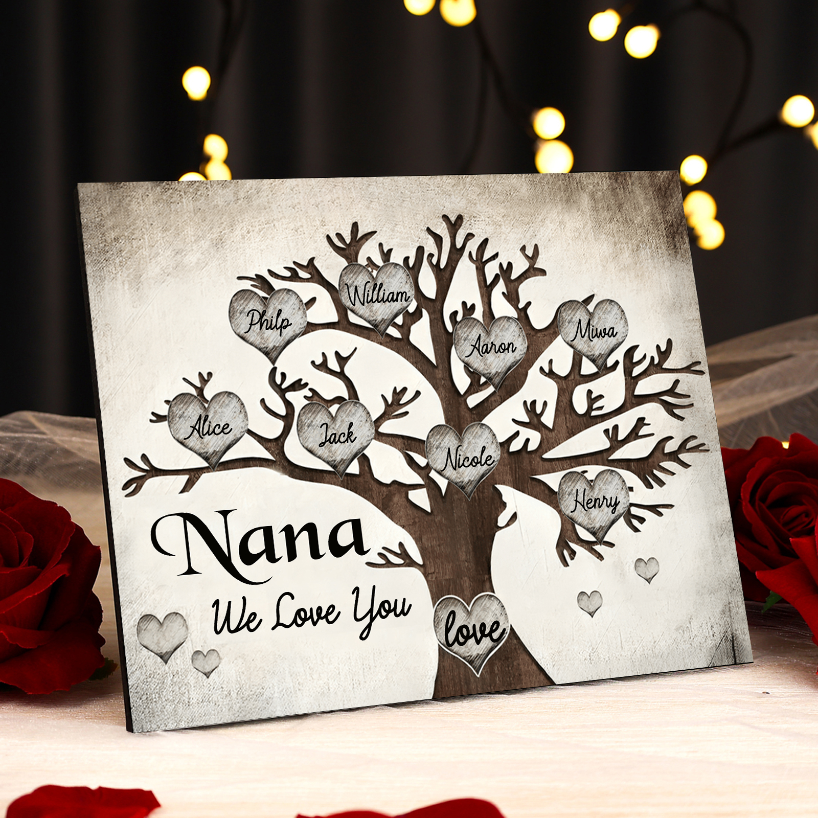Personalised Wooden Ornament – Custom 8 Names & 2 Texts – Family Tree "Nana, We Love You" Design – Unique Mother's Day Gifts for Her | Jessemade