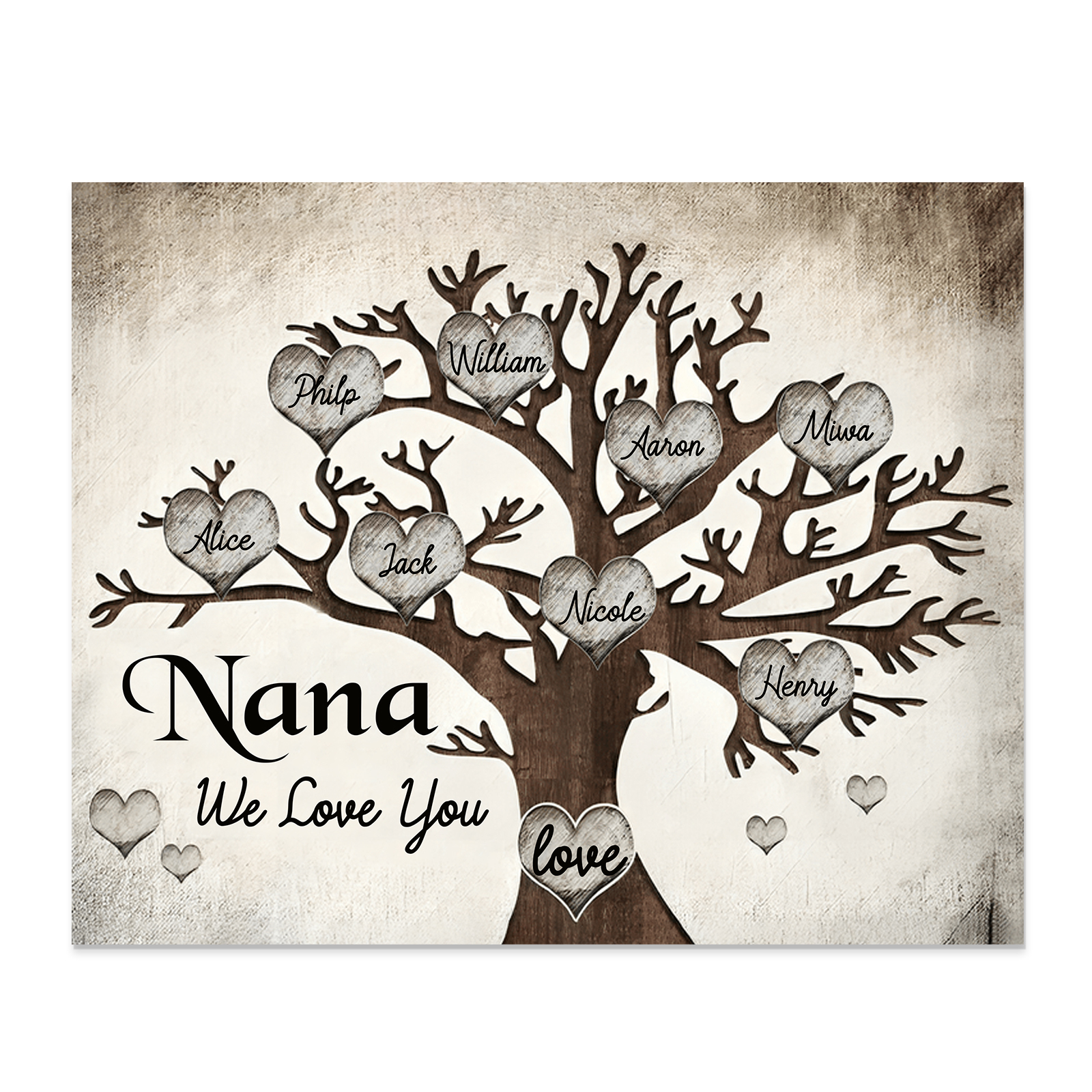 Personalised Wooden Ornament – Custom 8 Names & 2 Texts – Family Tree "Nana, We Love You" Design – Unique Mother's Day Gifts for Her | Jessemade