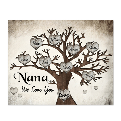 Personalised Wooden Ornament – Custom 8 Names & 2 Texts – Family Tree "Nana, We Love You" Design – Unique Mother's Day Gifts for Her | Jessemade
