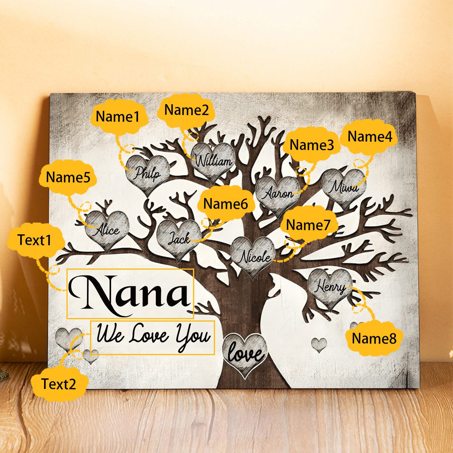 Personalised Wooden Ornament – Custom 8 Names & 2 Texts – Family Tree "Nana, We Love You" Design – Unique Mother's Day Gifts for Her | Jessemade