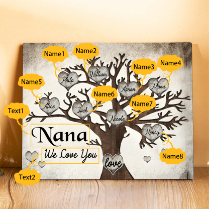 Personalised Wooden Ornament – Custom 8 Names & 2 Texts – Family Tree "Nana, We Love You" Design – Unique Mother's Day Gifts for Her | Jessemade