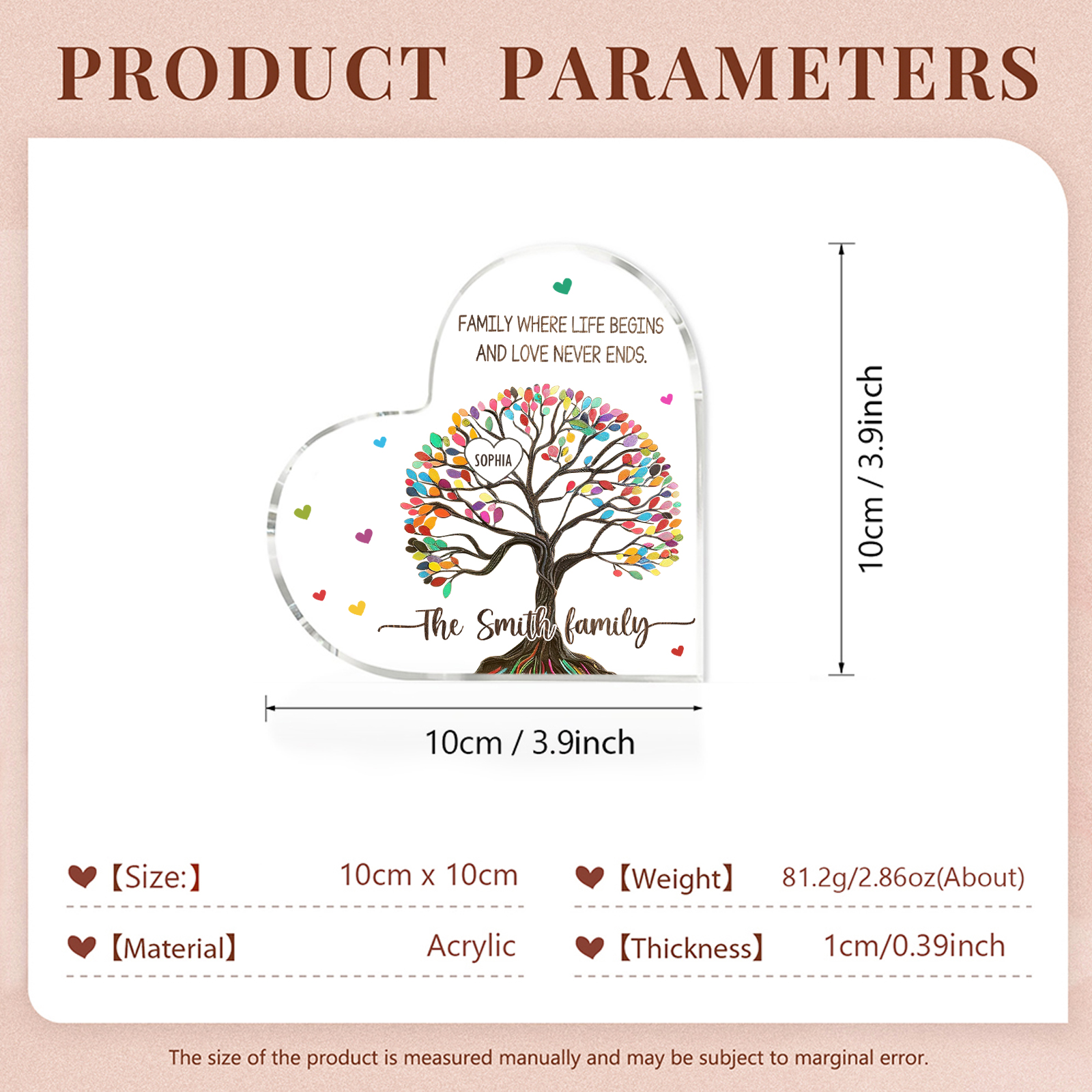 Personalised 1 Name&2 Texts Heart-Shaped Acrylic Plaque – Custom Family Tree Gift for Mum/Nan | Jessemade