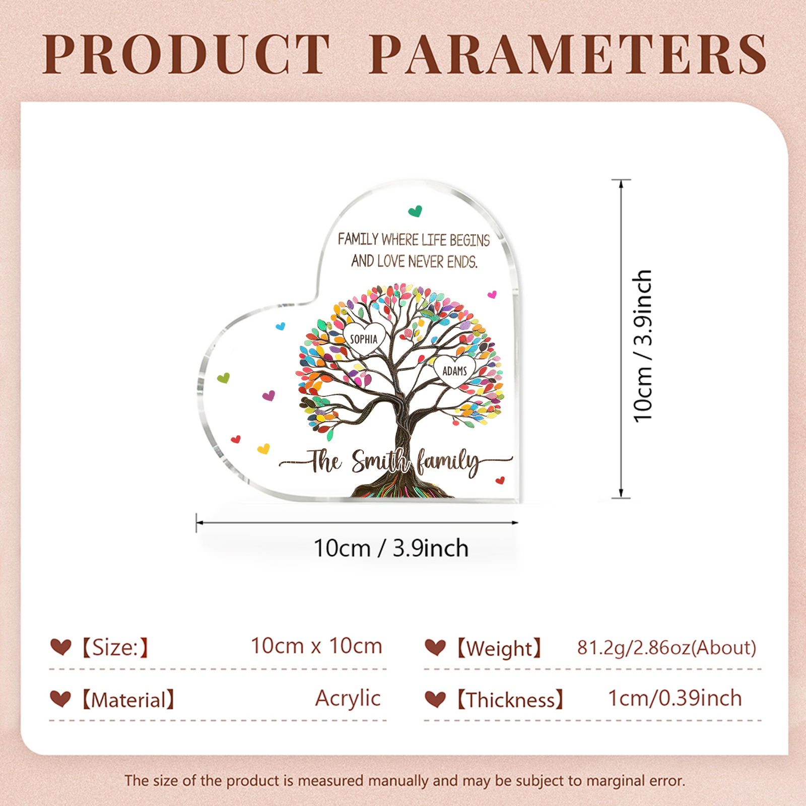 Personalised 2 Names&2 Texts Heart-Shaped Acrylic Plaque – Custom Family Tree Gift for Mum/Nan | Jessemade