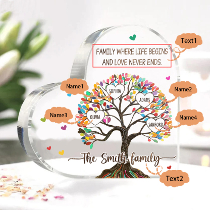 Personalised 4 Names&2 Texts Heart-Shaped Acrylic Plaque – Custom Family Tree Gift for Mum/Nan | Jessemade