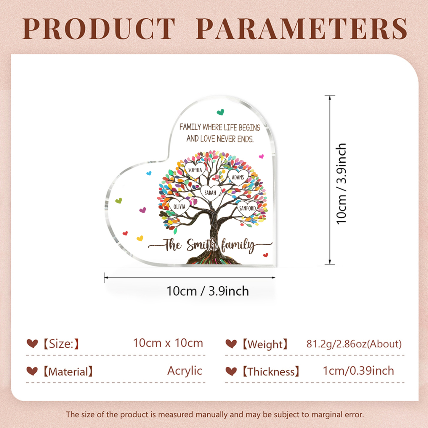 Personalised 5 Names&2 Texts Heart-Shaped Acrylic Plaque – Custom Family Tree Gift for Mum/Nan | Jessemade
