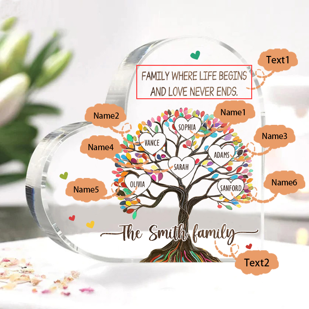 Personalised 6 Names&2 Texts Heart-Shaped Acrylic Plaque – Custom Family Tree Gift for Mum/Nan | Jessemade