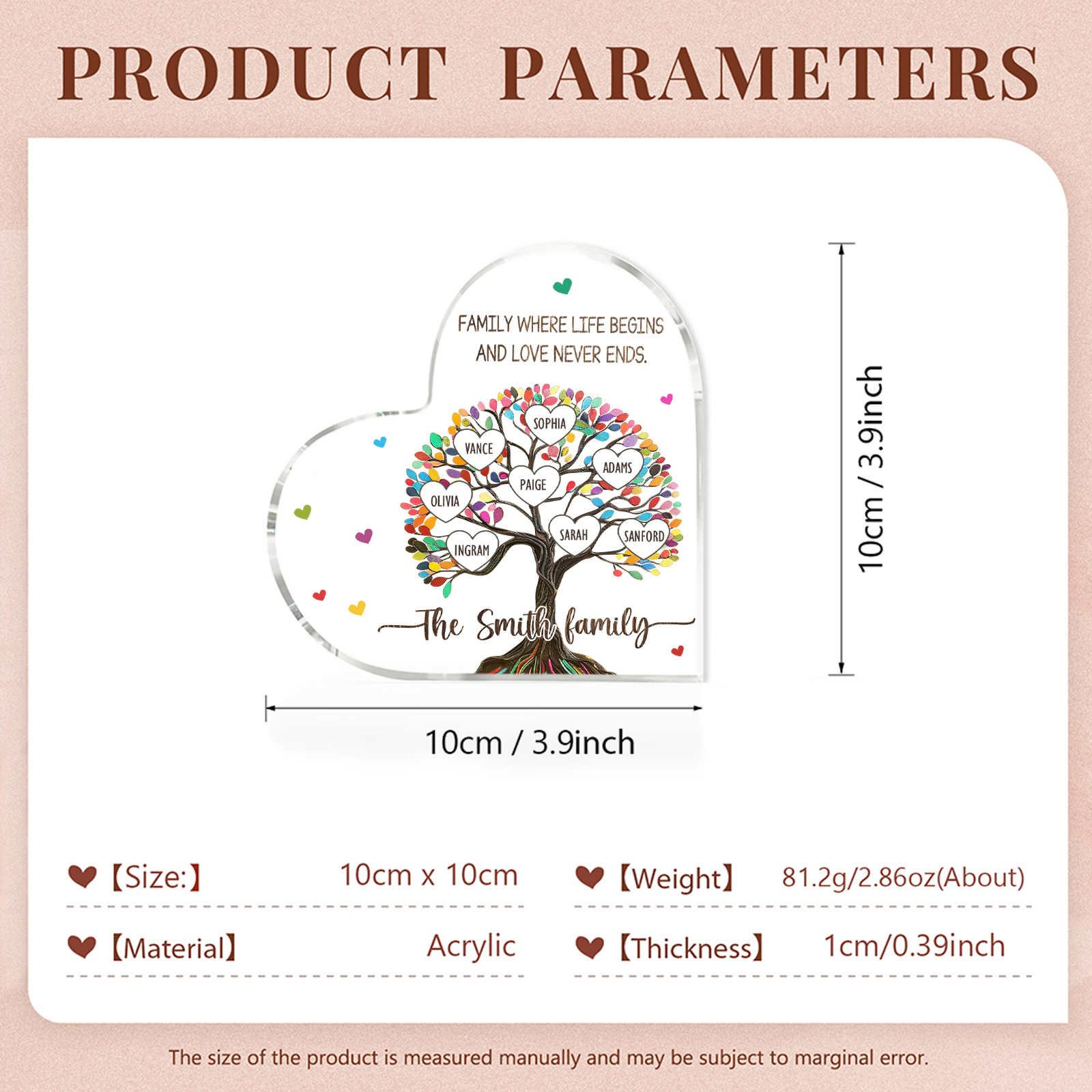 Personalised 8 Names&2 Texts Heart-Shaped Acrylic Plaque – Custom Family Tree Gift for Mum/Nan | Jessemade