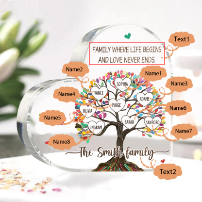 Personalised 8 Names&2 Texts Heart-Shaped Acrylic Plaque – Custom Family Tree Gift for Mum/Nan | Jessemade