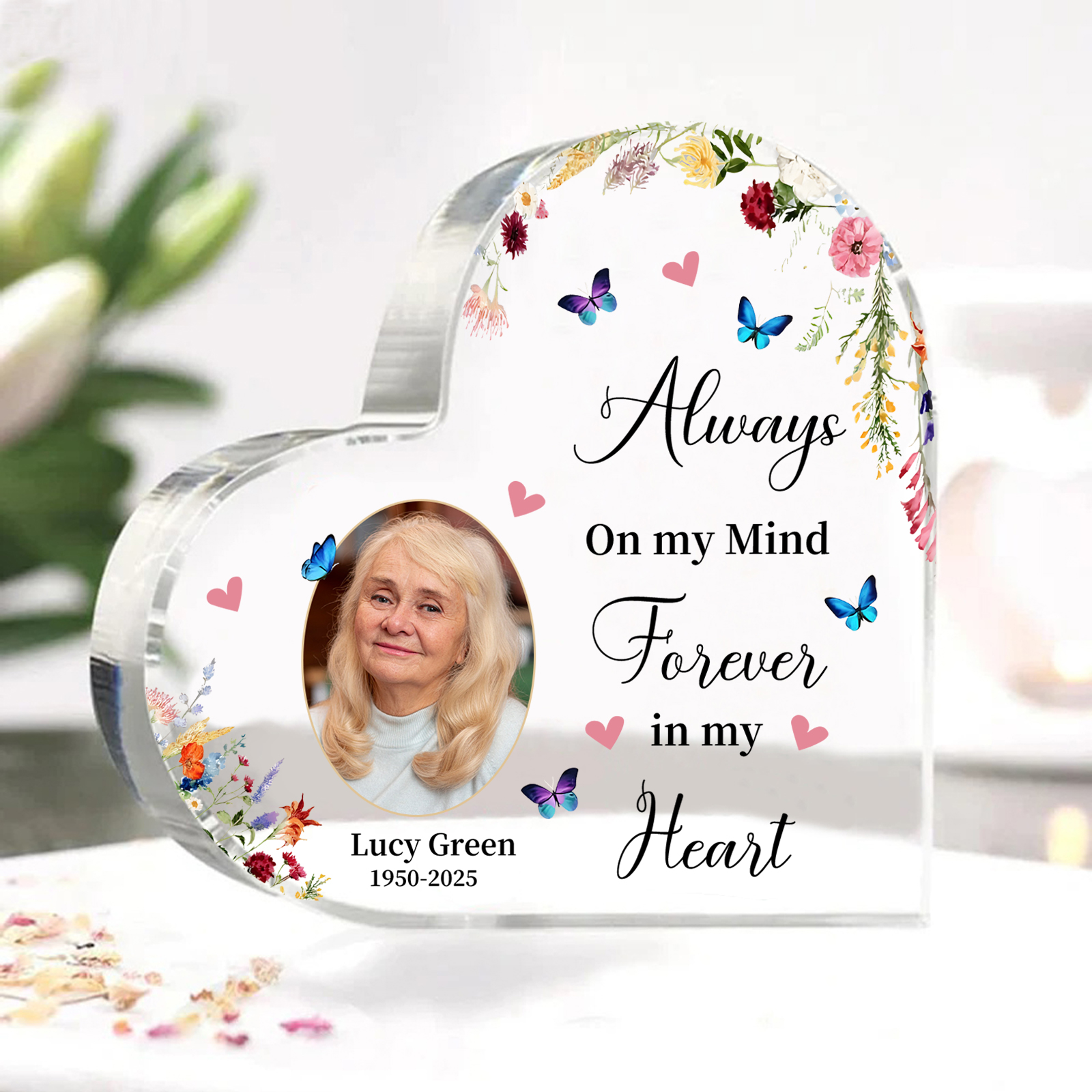 Personalised Memorial Acrylic Ornament with Name, Photo & Date – “Always on My Mind, Forever in My Heart” – Memorial Gift for Family | Jessemade