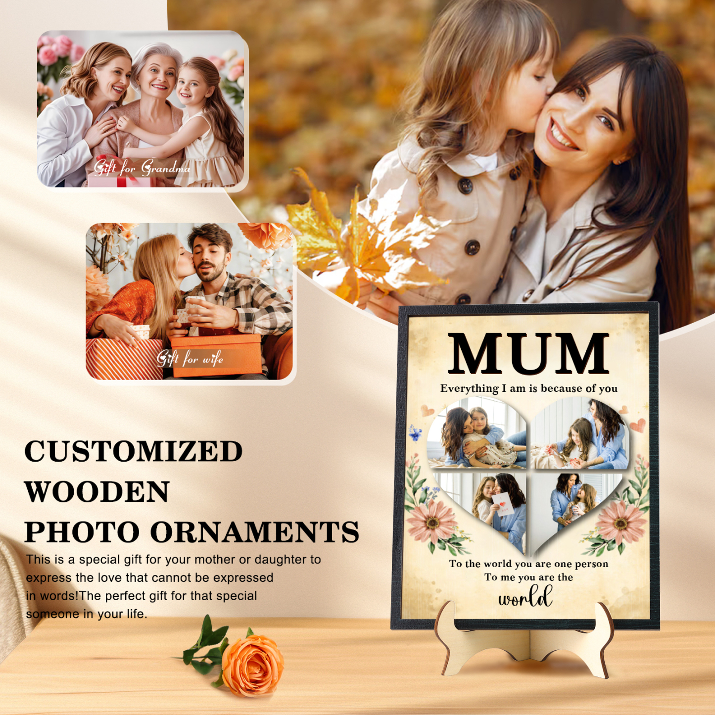 Personalised 4 Photos Wooden Ornament Ornament for Mother's Day | Jessemade