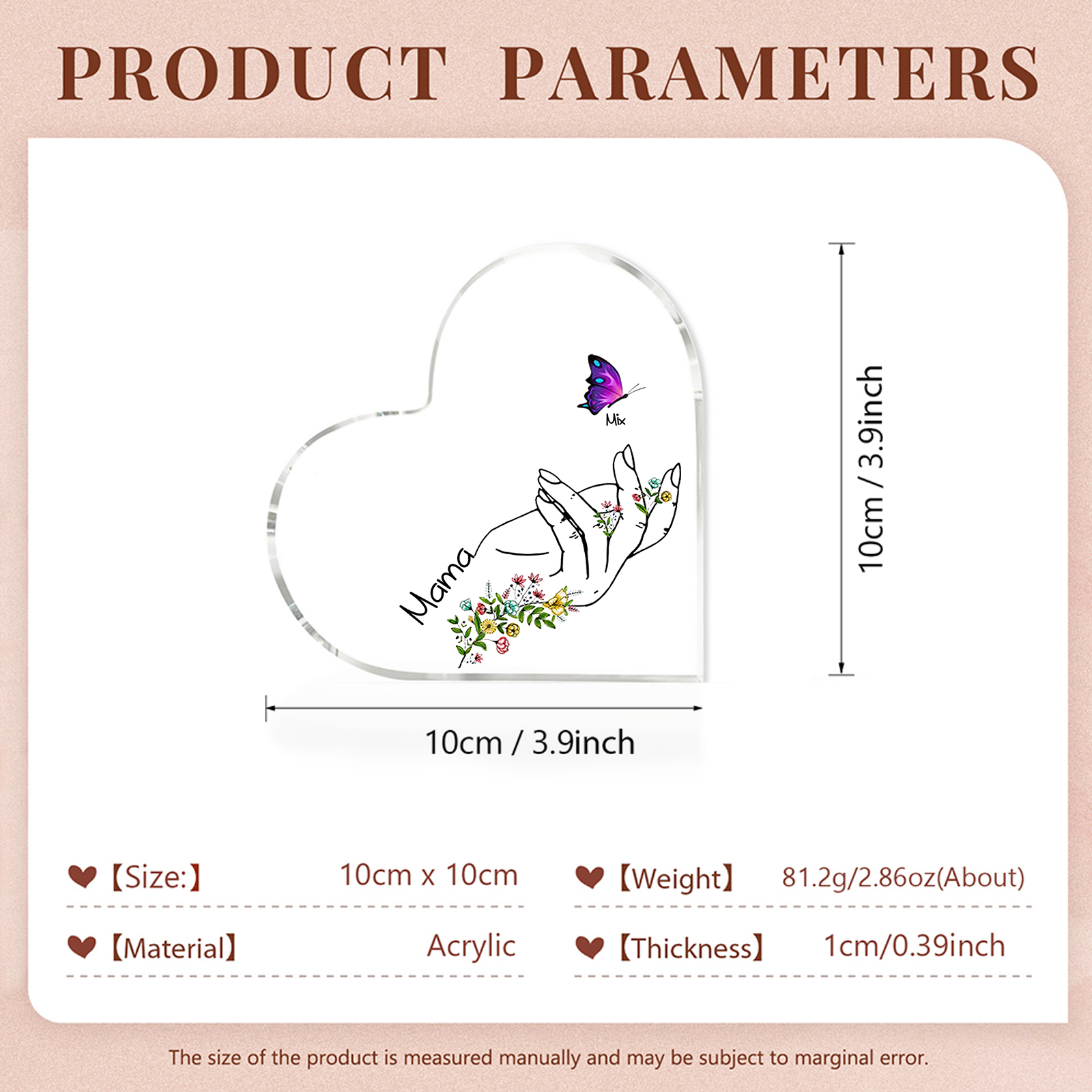 Personalised 1 Name&1Text Heart-Shaped Acrylic Plaque – Custom Butterfly & Floral Hand Design Gift for Mum/Nan | Jessemade
