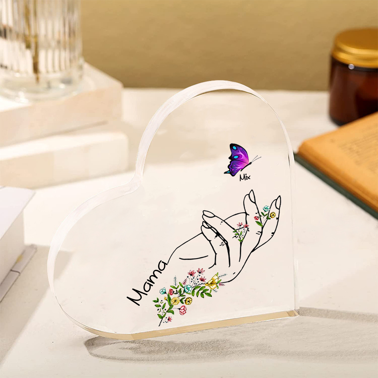 Personalised 1 Name&1Text Heart-Shaped Acrylic Plaque – Custom Butterfly & Floral Hand Design Gift for Mum/Nan | Jessemade
