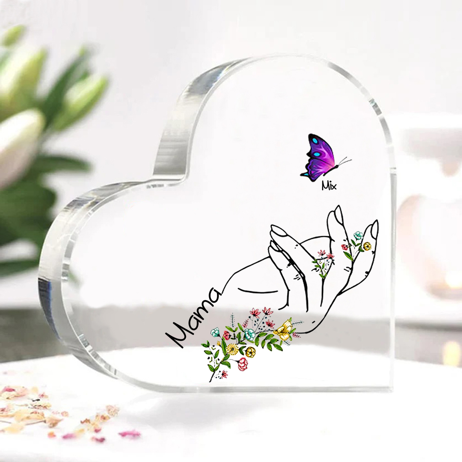 Personalised 1 Name&1Text Heart-Shaped Acrylic Plaque – Custom Butterfly & Floral Hand Design Gift for Mum/Nan | Jessemade