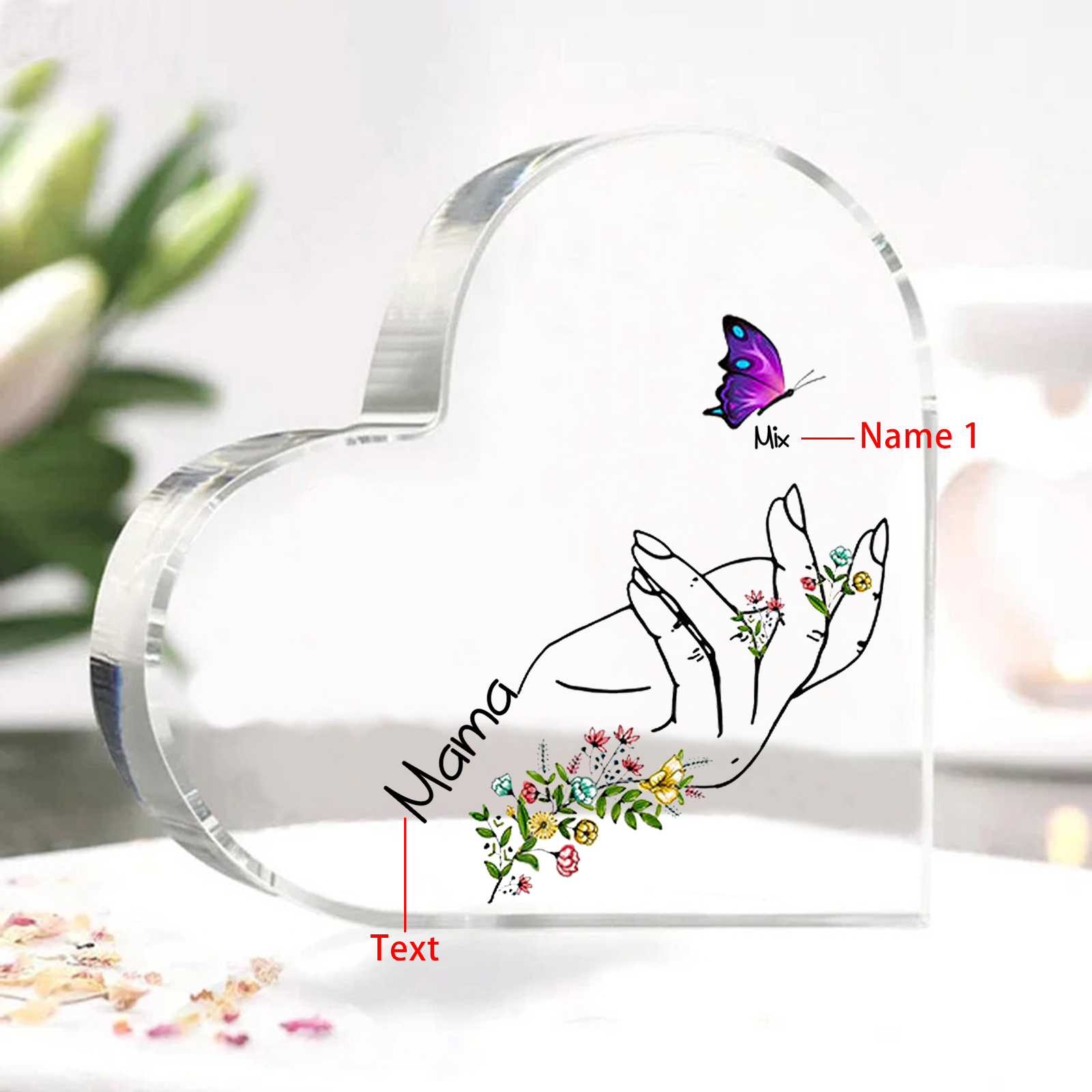 Personalised 1 Name&1Text Heart-Shaped Acrylic Plaque – Custom Butterfly & Floral Hand Design Gift for Mum/Nan | Jessemade