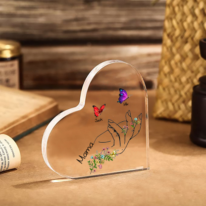 Personalised 2 Names&1Text Heart-Shaped Acrylic Plaque – Custom Butterfly & Floral Hand Design Gift for Mum/Nan | Jessemade