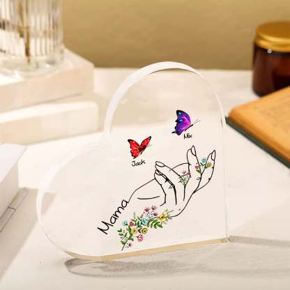 Personalised 2 Names&1Text Heart-Shaped Acrylic Plaque – Custom Butterfly & Floral Hand Design Gift for Mum/Nan | Jessemade