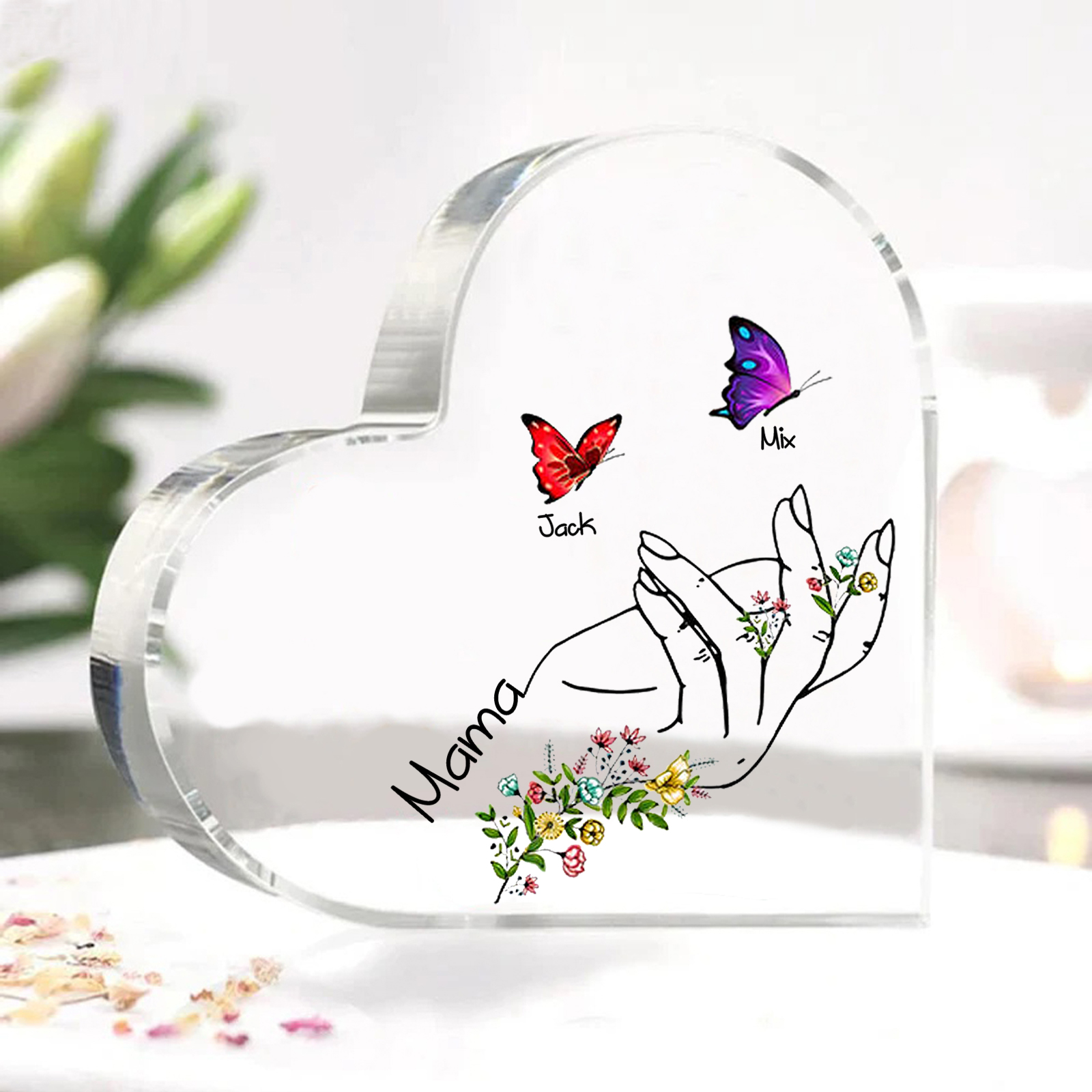Personalised 2 Names&1Text Heart-Shaped Acrylic Plaque – Custom Butterfly & Floral Hand Design Gift for Mum/Nan | Jessemade